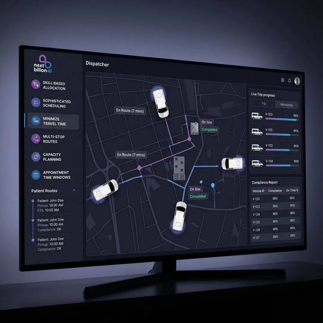 NEMT compliance dashboard with live vehicle tracking
