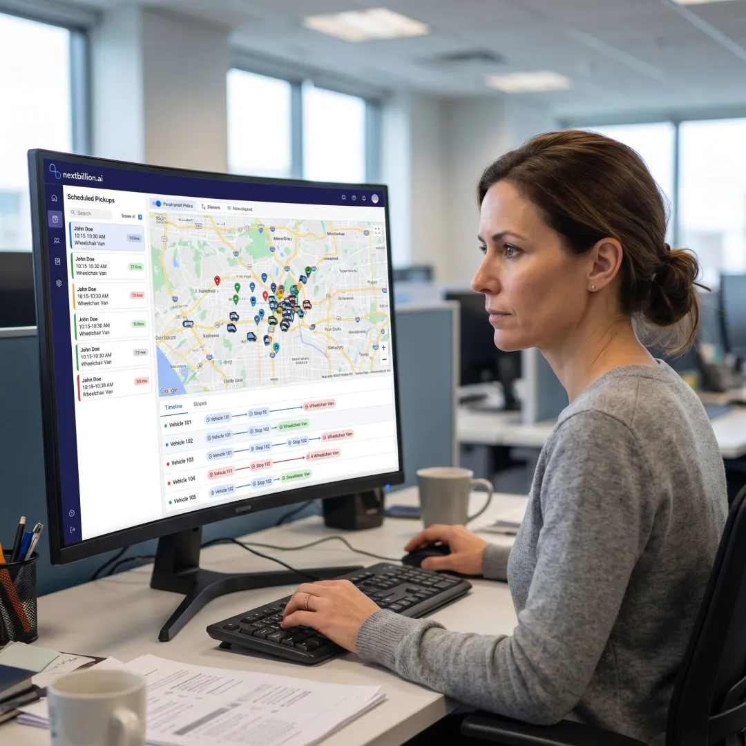 Paratransit dispatch dashboard with accessible vehicle routes