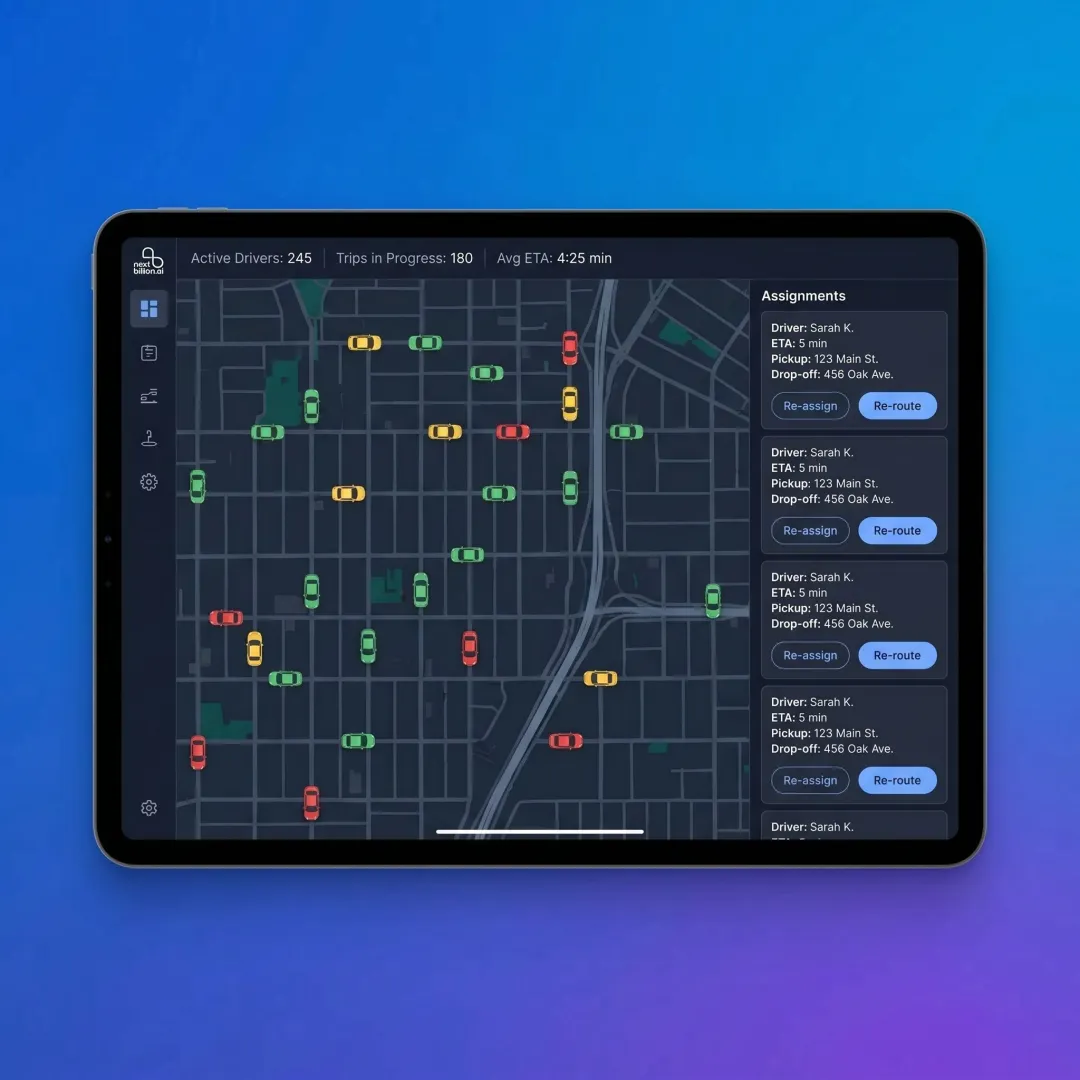 Taxi dispatch dashboard with live vehicle tracking
