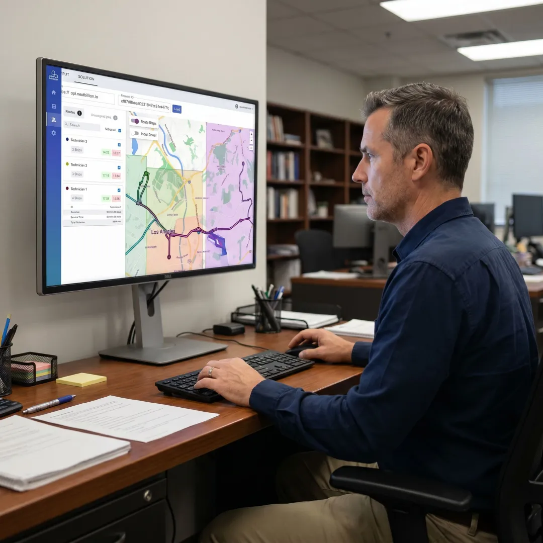 Dispatcher reviewing technician routes and schedules