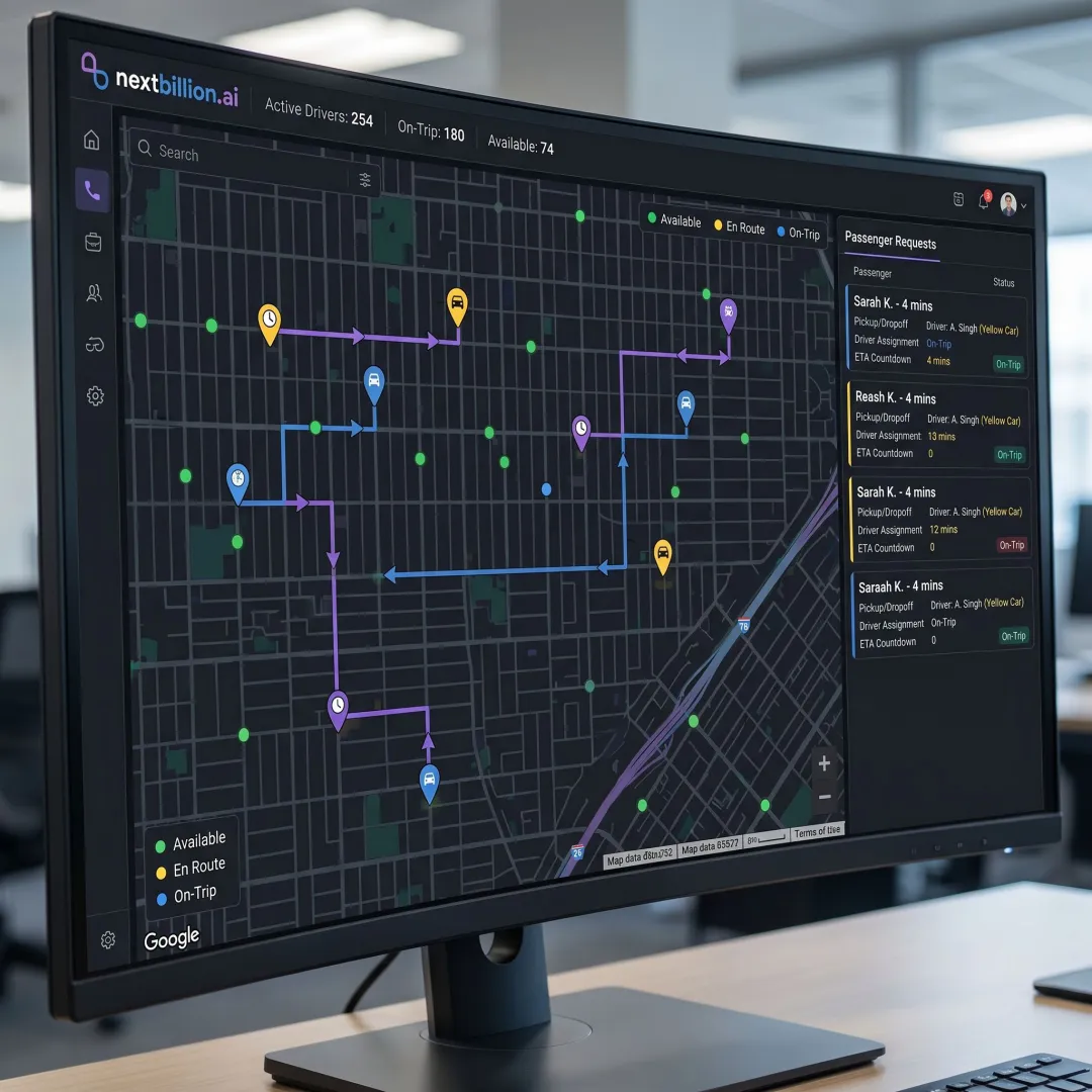 Ride-hailing dispatch dashboard with live vehicles