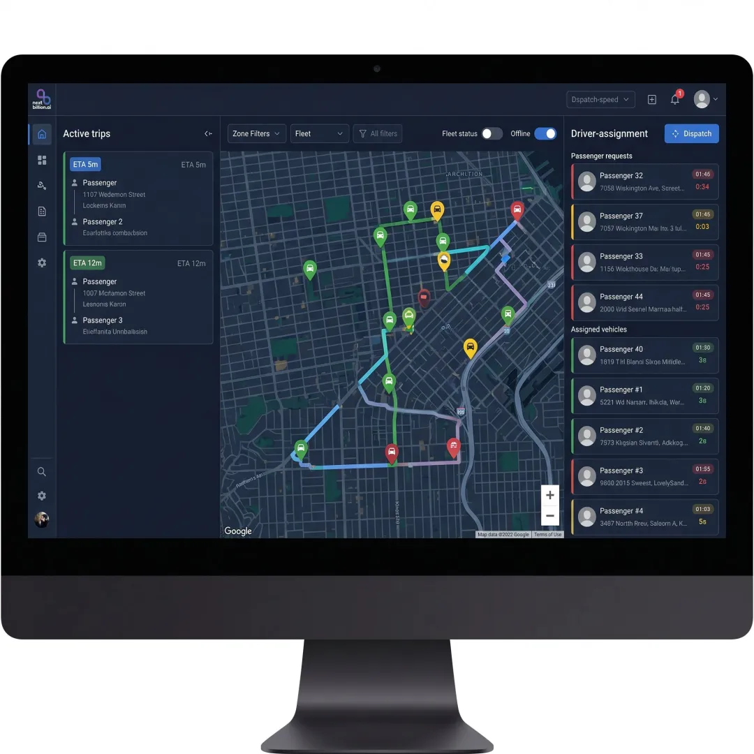 Taxi dispatch software interface with live driver tracking