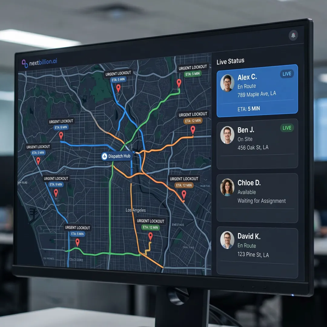 Locksmith dispatch dashboard with technician routes