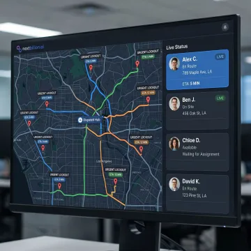 Locksmith dispatch dashboard with technician routes