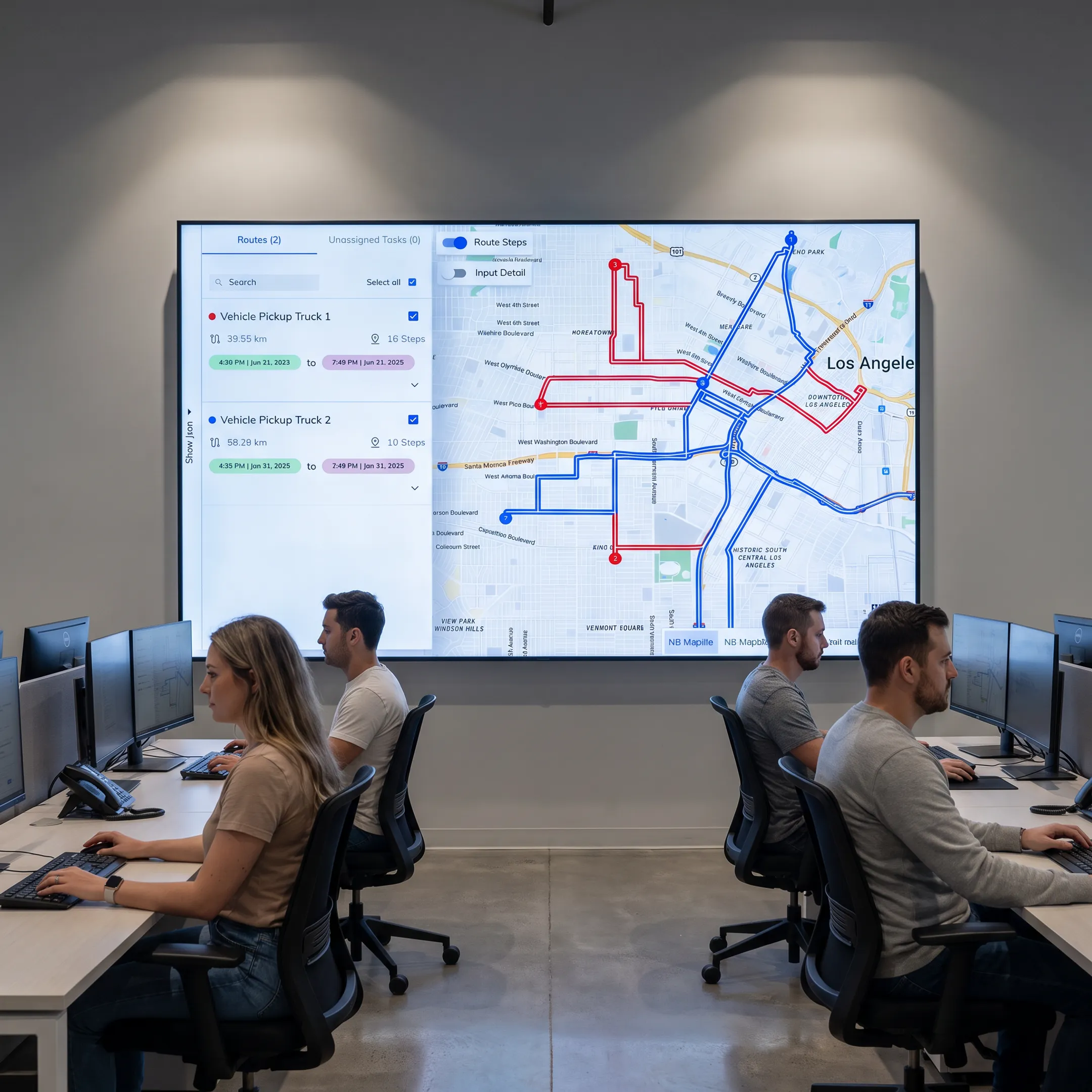 Quick commerce dispatcher monitoring optimized delivery routes and drivers on a live operations map
