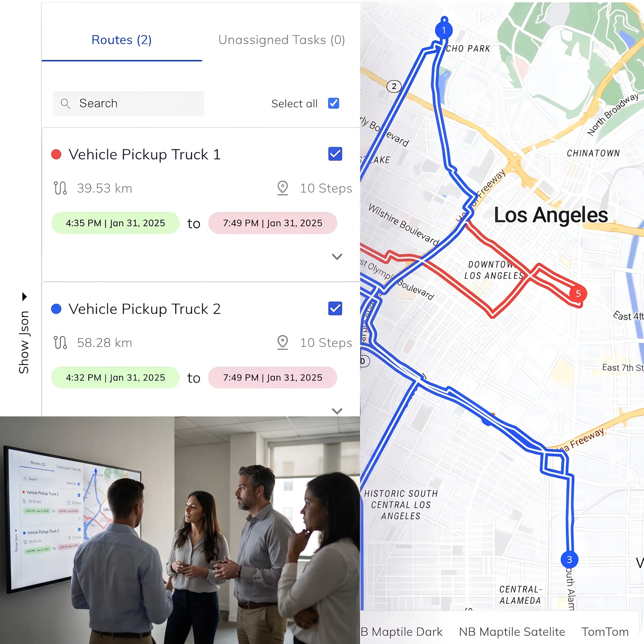 Delivery operations dashboard showing optimized routes and scheduled vehicles