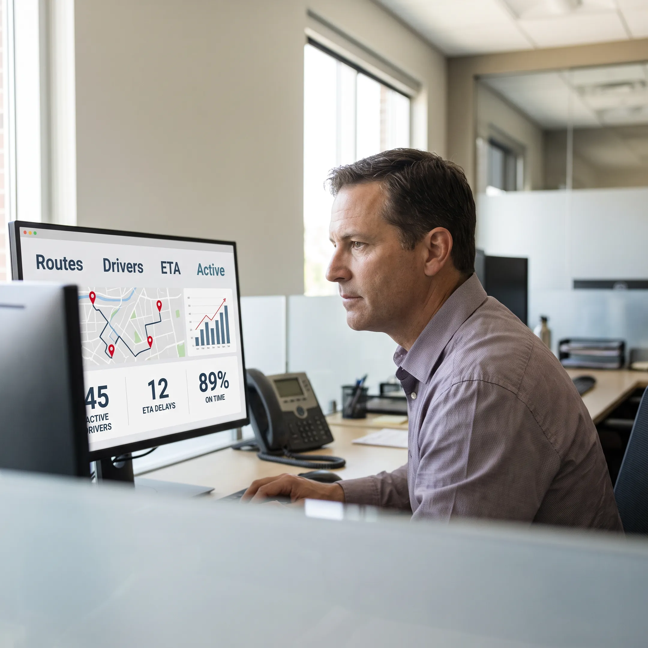 Operations manager reviewing delivery routes and driver assignments on a logistics platform
