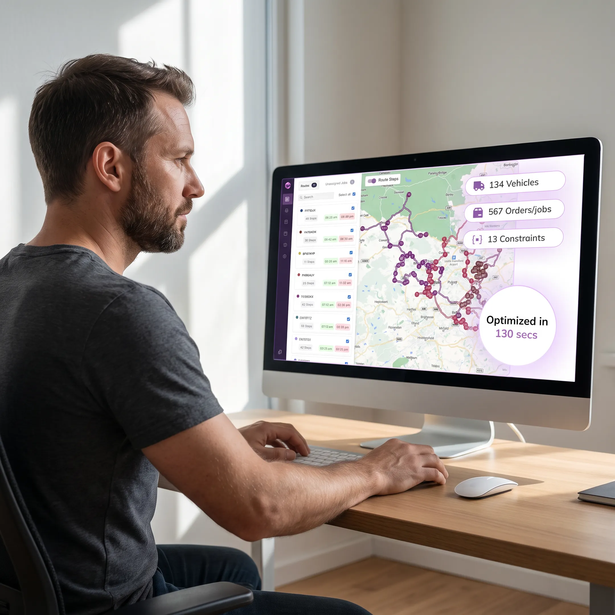 Developer reviewing address geocoding results and coordinate mapping on a logistics dashboard