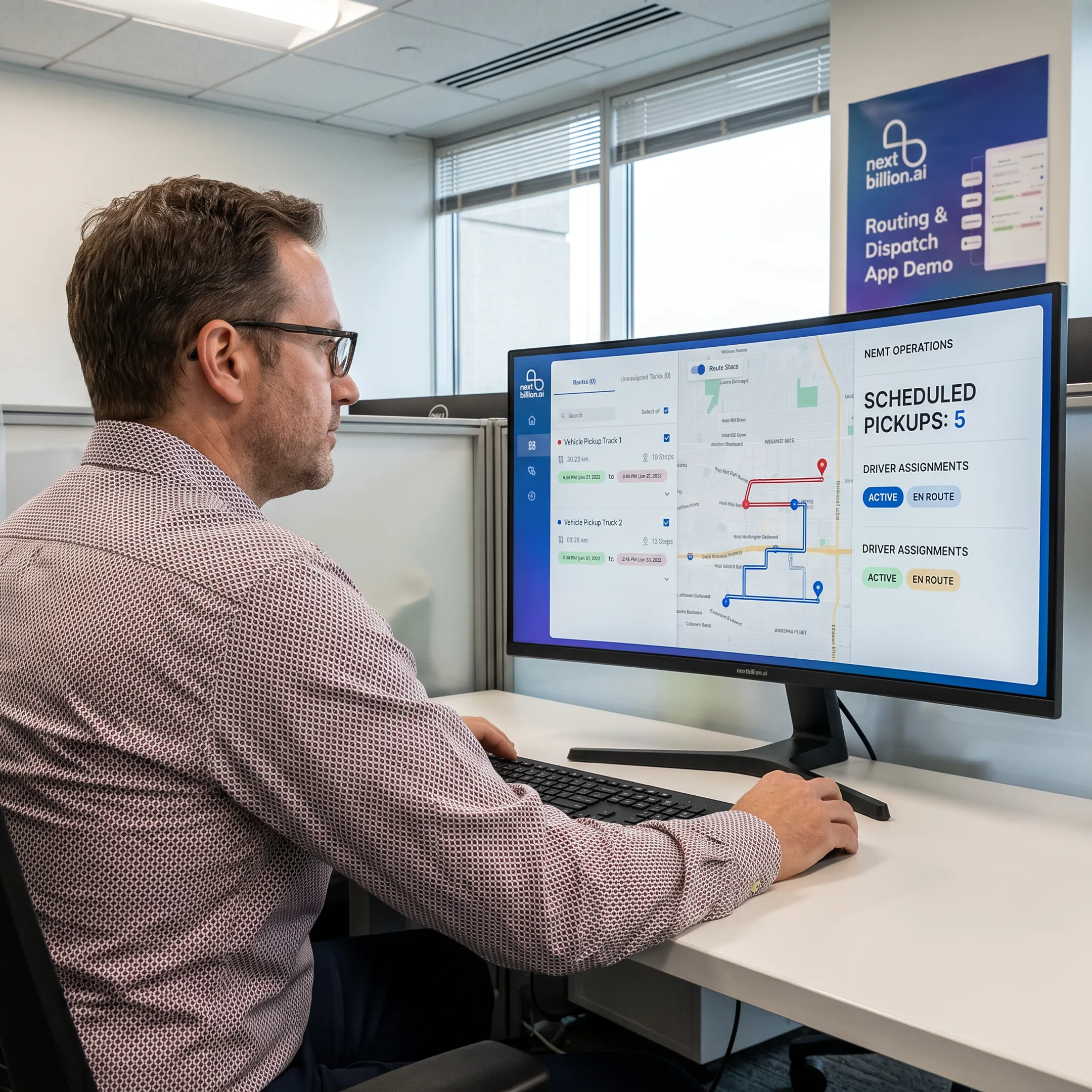 NEMT dispatcher monitoring patient transportation routes on a digital operations dashboard