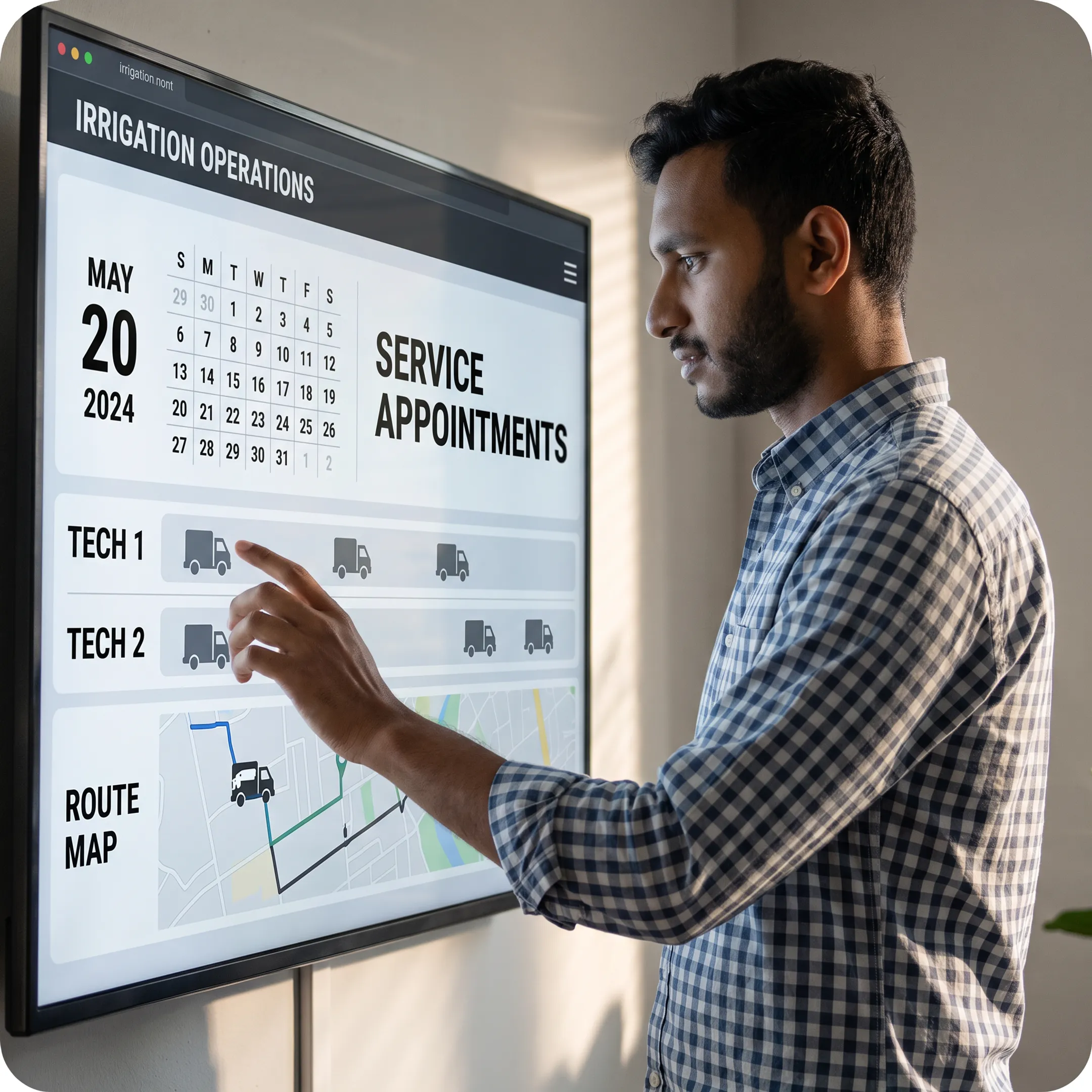 Irrigation operations manager reviewing technician schedules and optimized routes