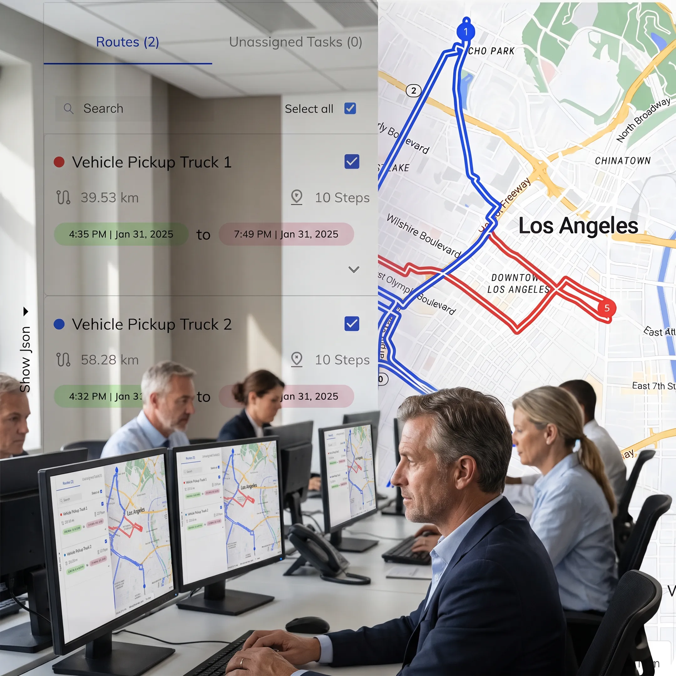 Enterprise fleet operations dashboard displaying optimized routes and vehicle locations