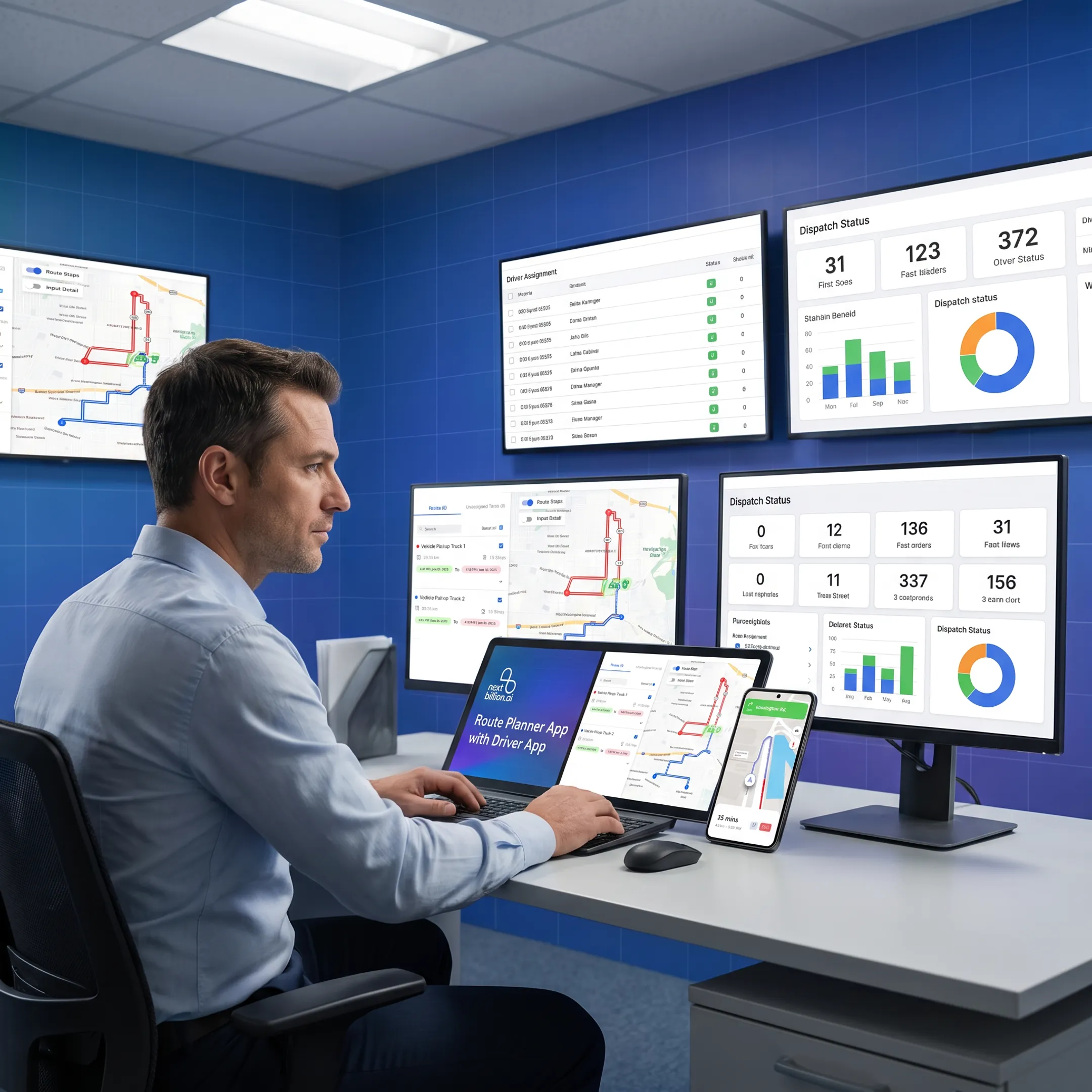 Fleet manager reviewing route optimization and dispatch data on a large operations dashboard