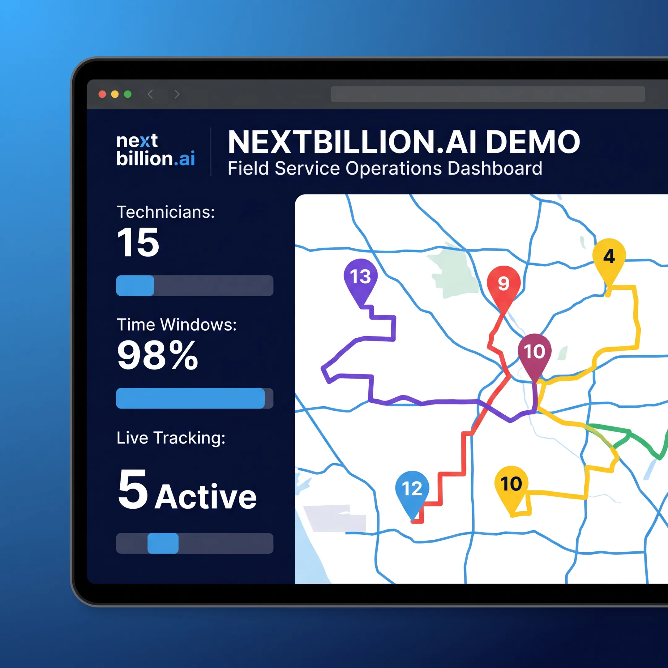 Field service scheduling dashboard showing technician routes and appointments
