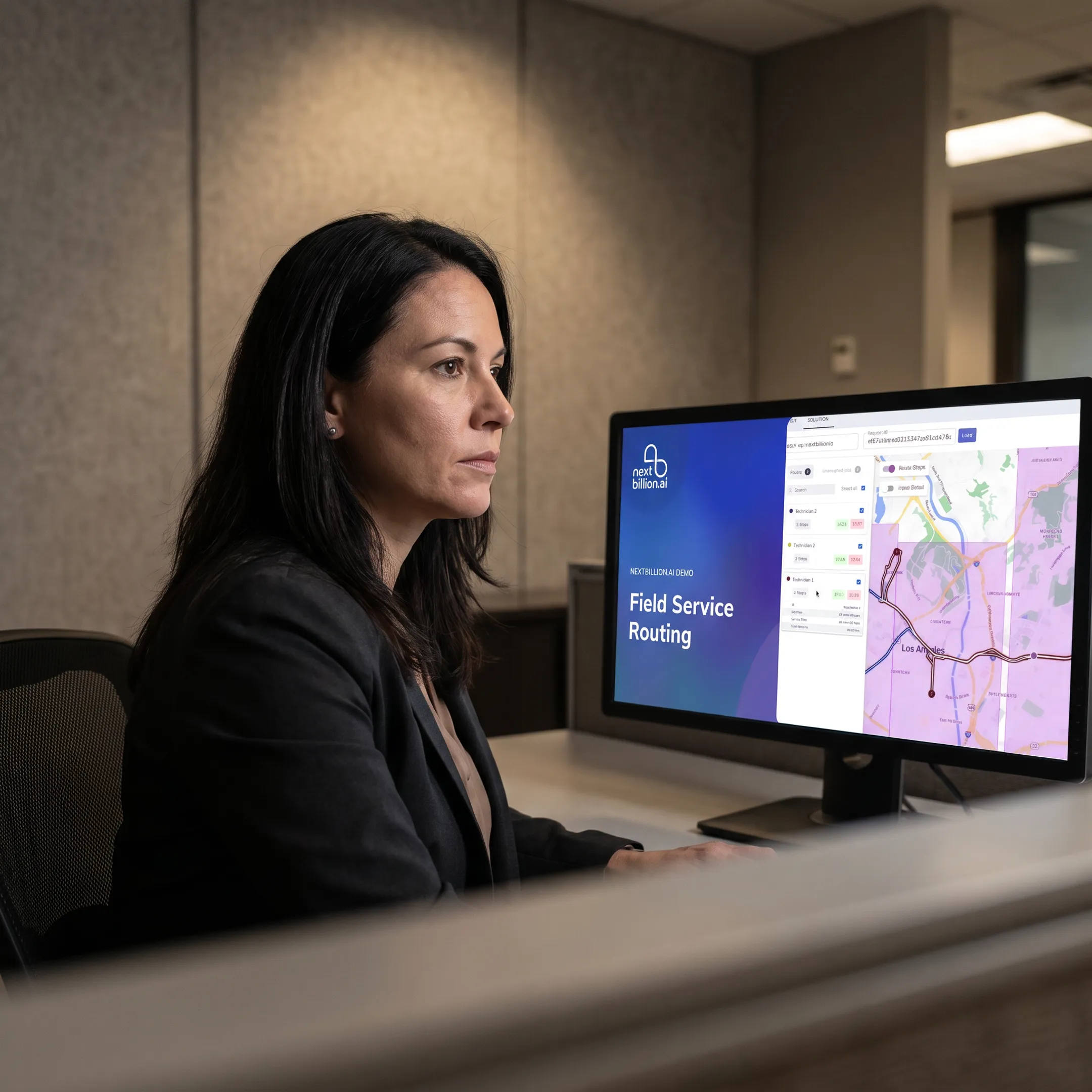 Dispatcher coordinating technician schedules and optimized field service routes