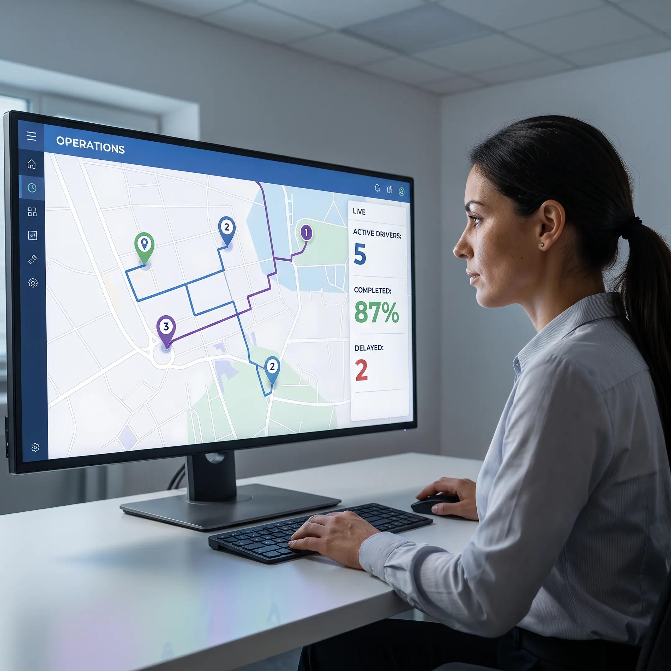 Courier dispatcher monitoring routes and drivers on a logistics operations dashboard