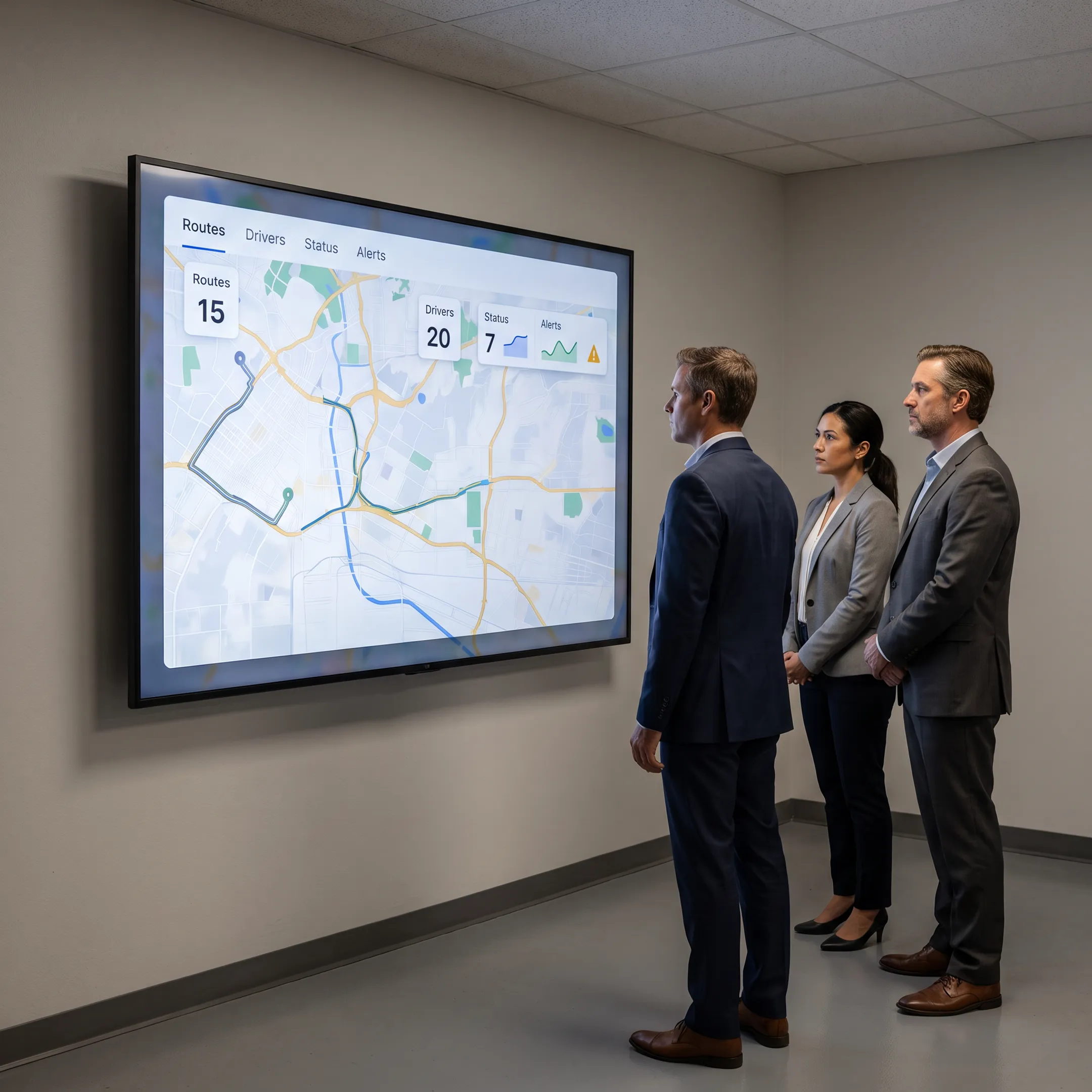 Courier operations team reviewing optimized delivery routes and dispatch assignments
