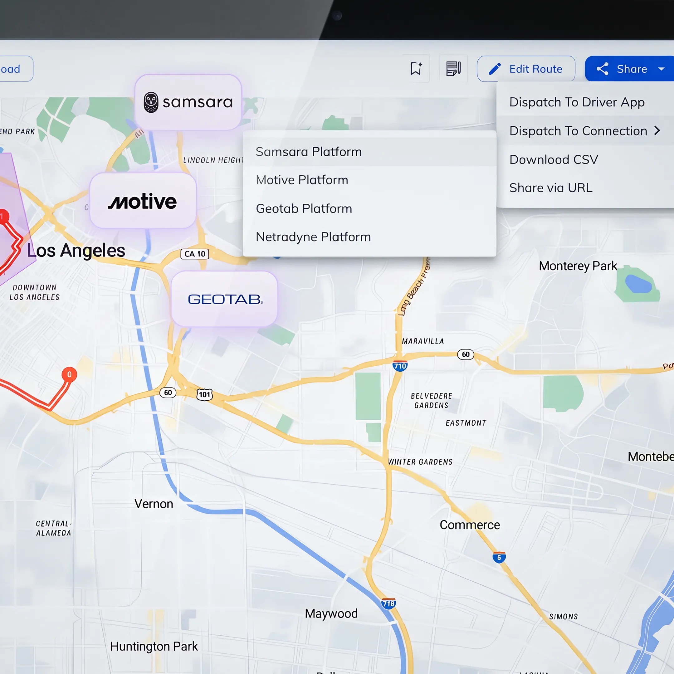 Dispatch dashboard showing optimized fleet routes and delivery stops