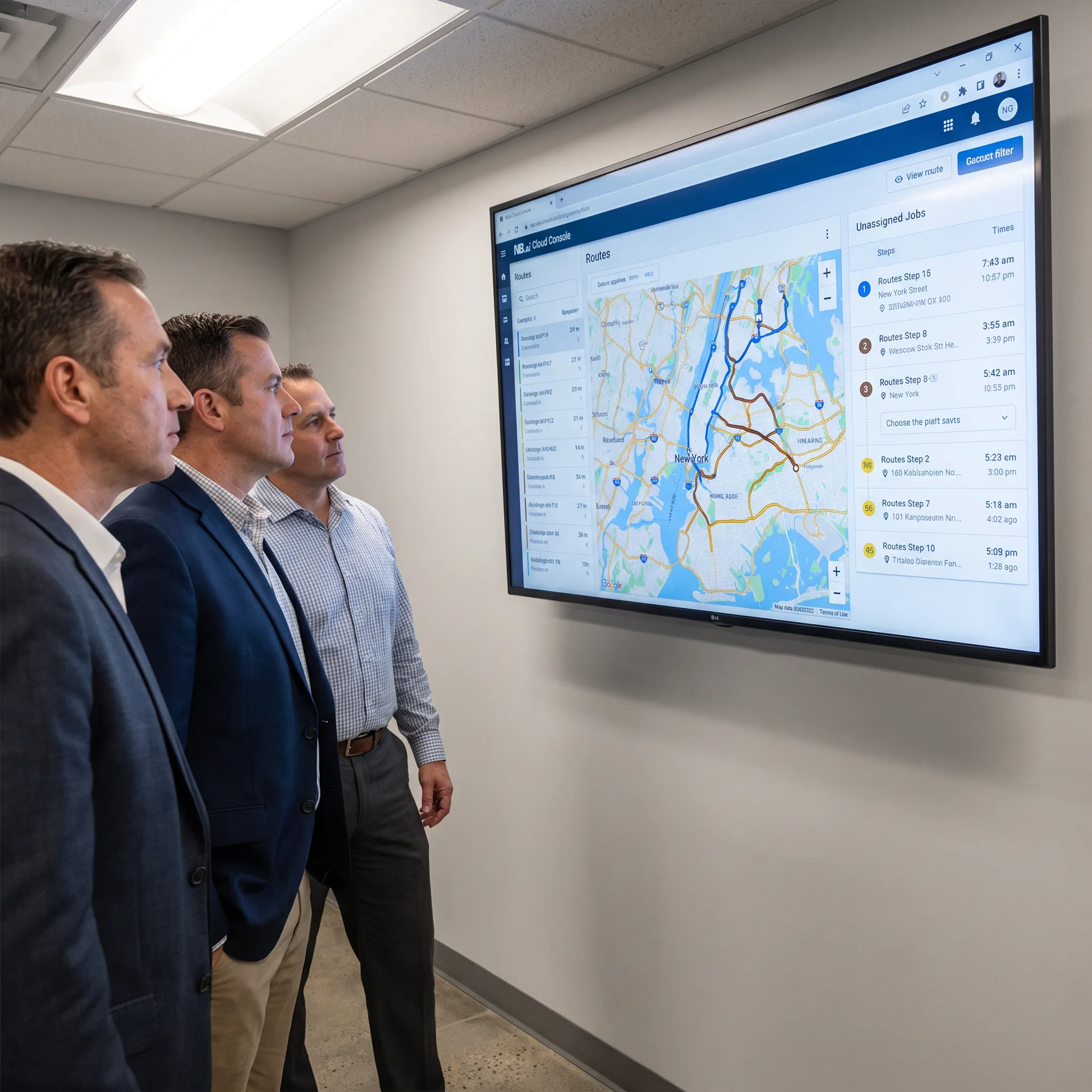 Operations team monitoring optimized delivery and service fleet routes