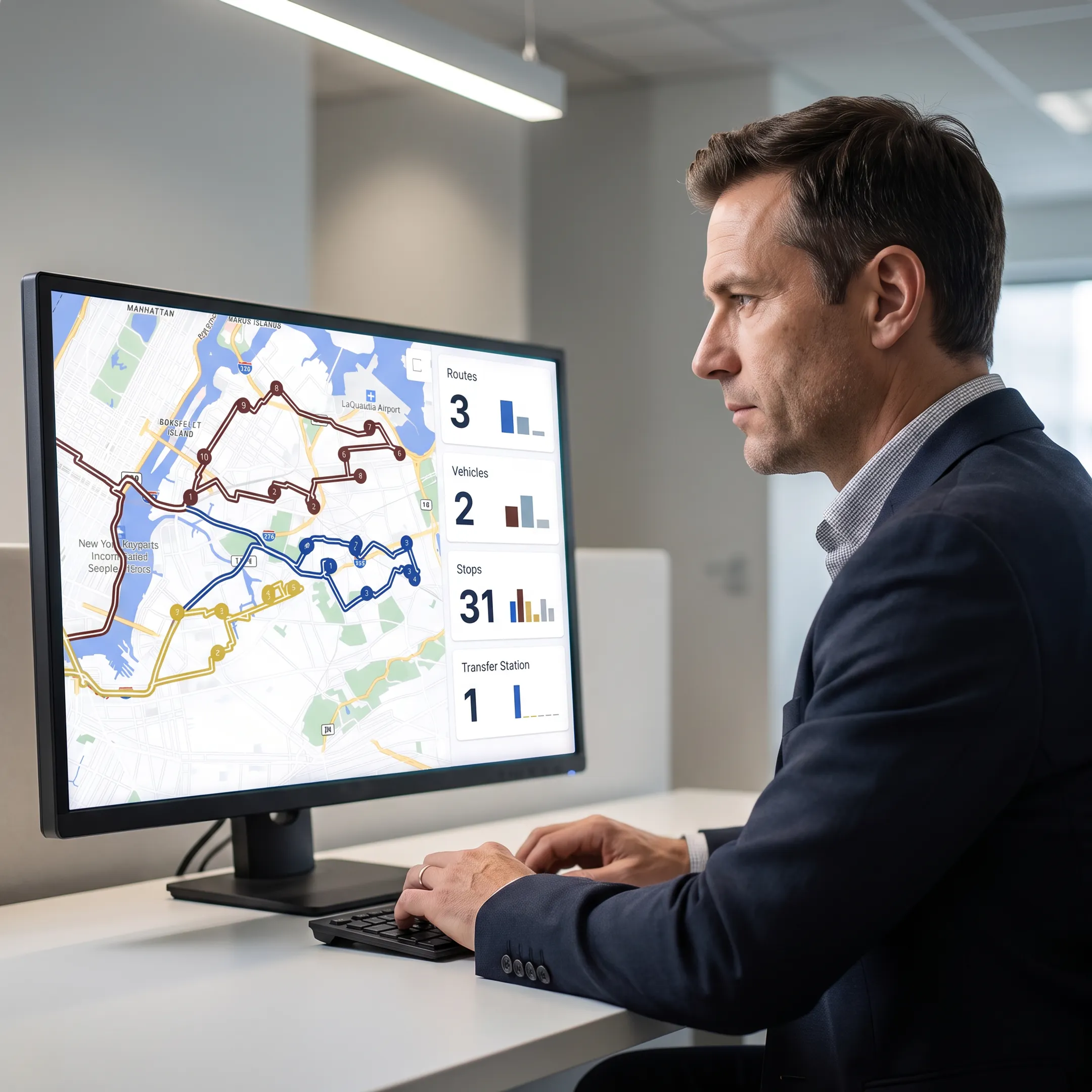 Waste fleet manager reviewing optimized collection routes