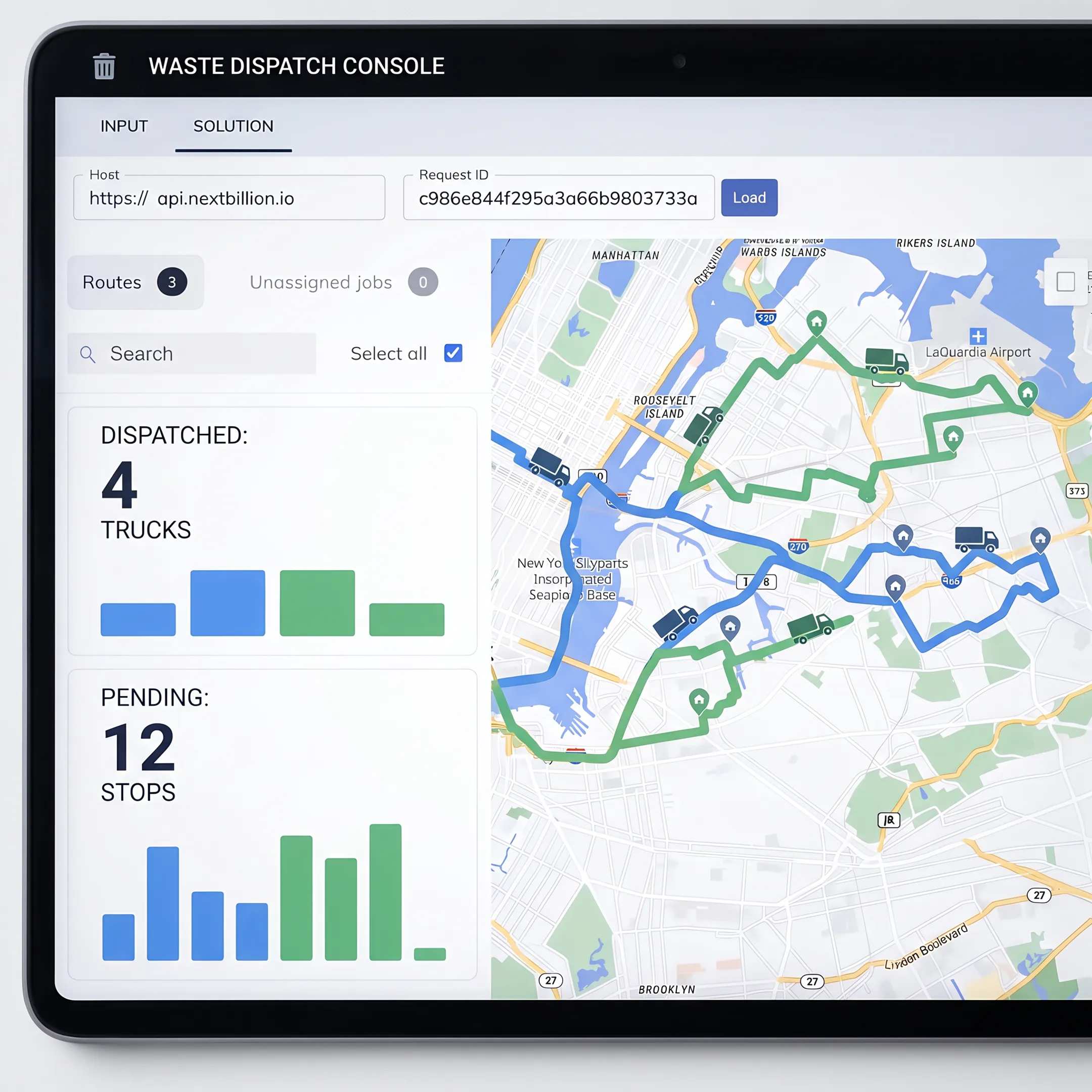 Garbage truck route optimization dashboard with collection stops and mapped routes