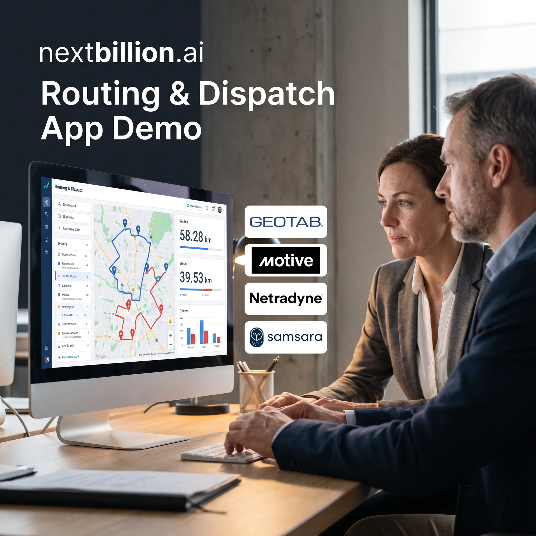 Operations team reviewing optimized driver routes on a logistics scheduling dashboard