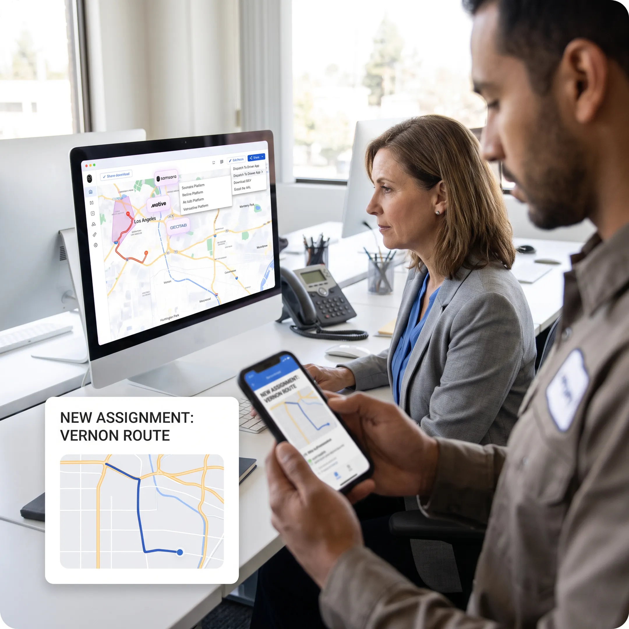 Dispatcher monitoring mobile delivery and field-service teams on a route map