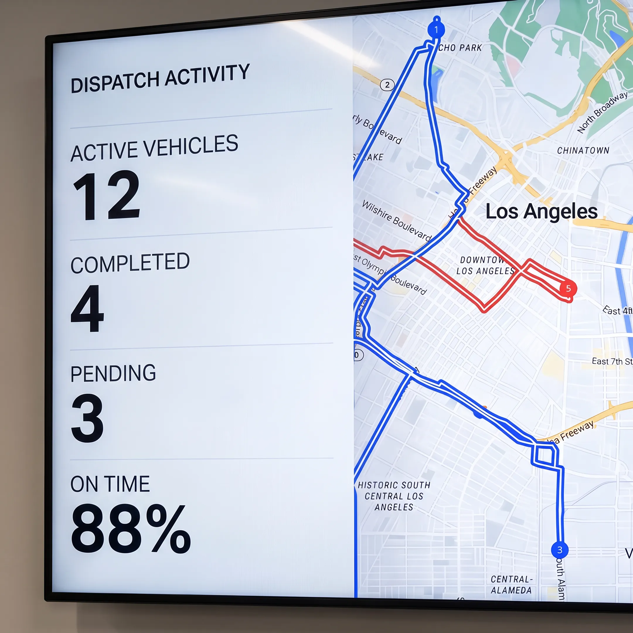 Parcel delivery platform dashboard showing optimized courier routes and driver locations