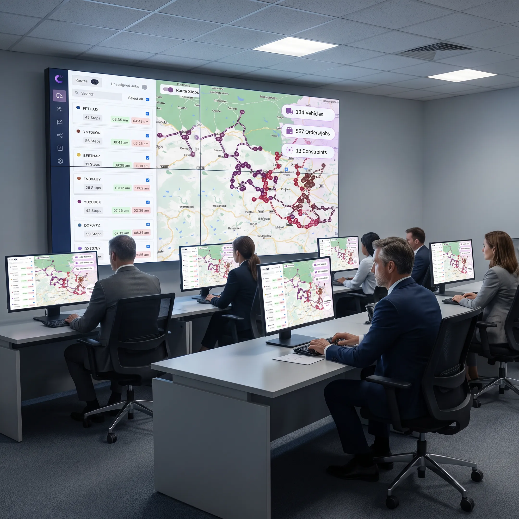 Courier dispatch team monitoring optimized parcel routes and delivery progress