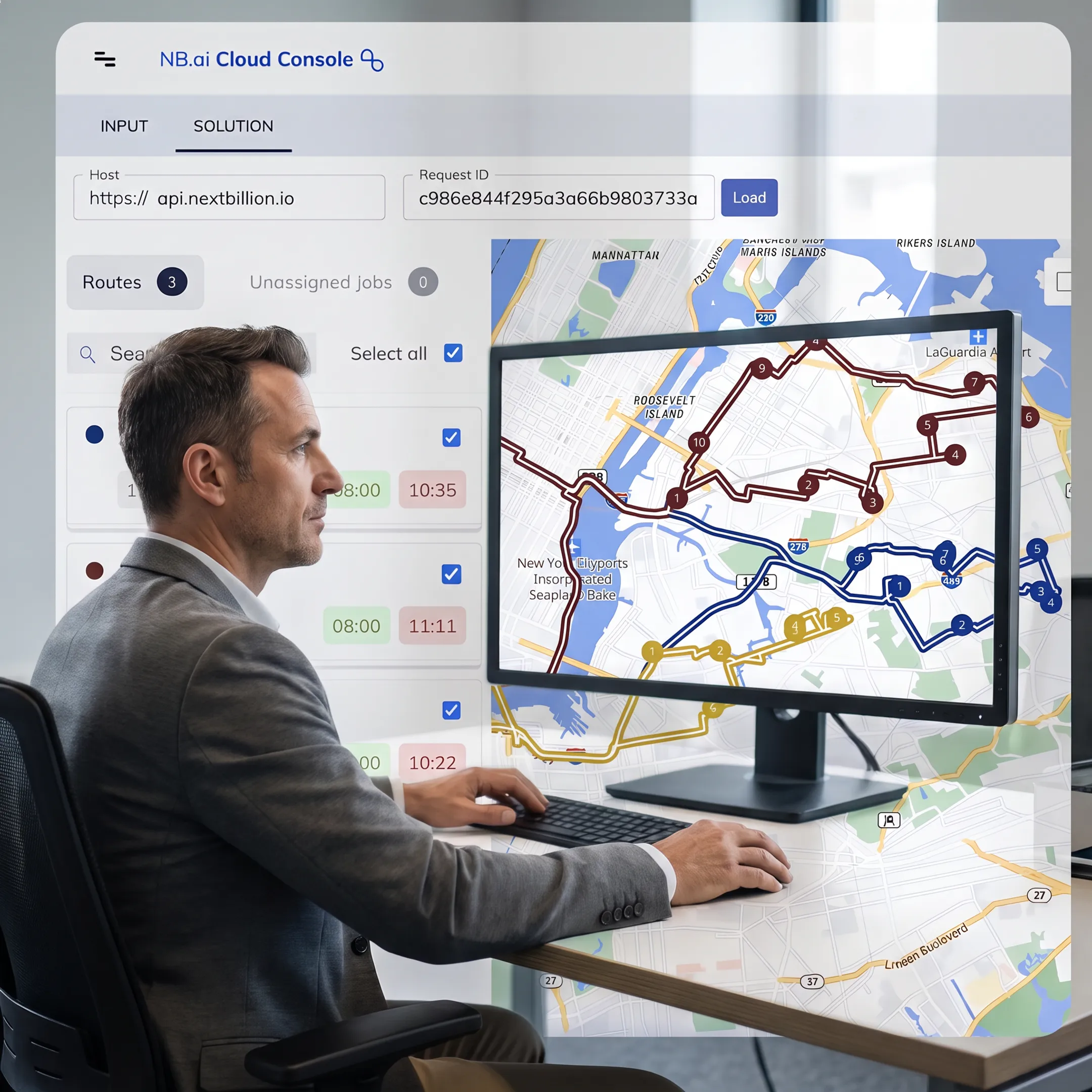 Dispatcher reviewing multi-stop delivery routes on a fleet planning dashboard