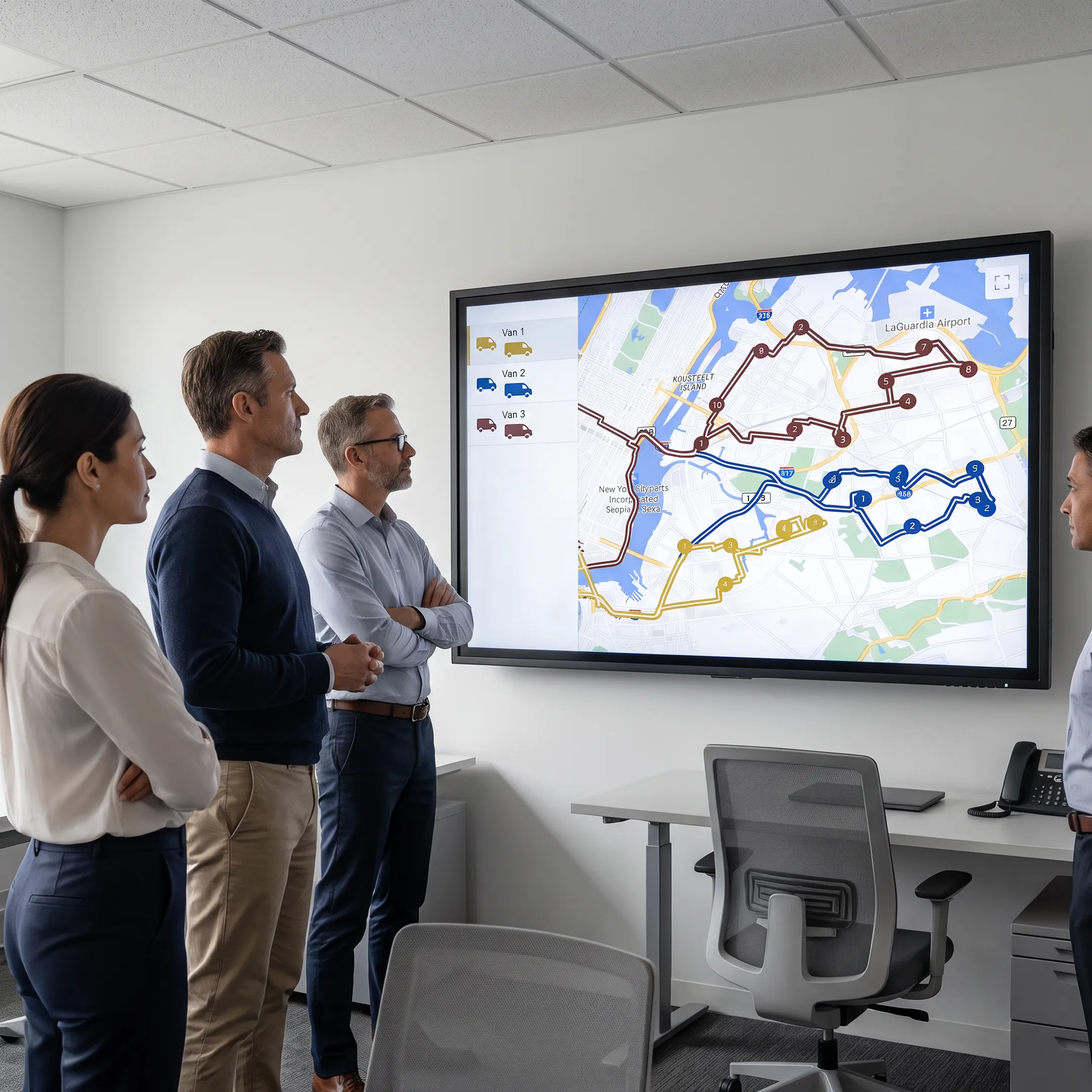 Operations team reviewing optimized delivery routes and vehicle assignments