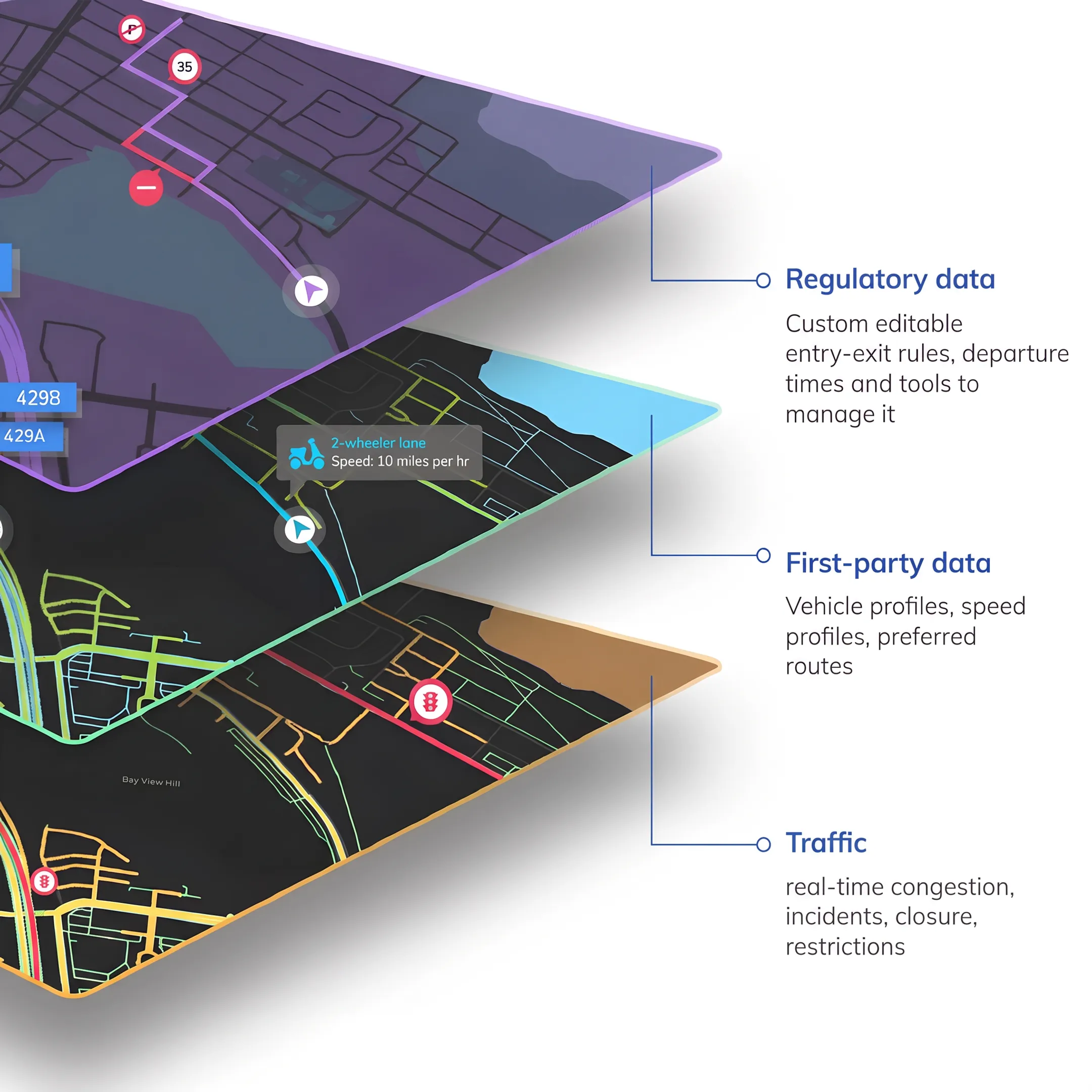 Custom logistics map displaying delivery routes, fleet vehicles, territories, and operational overlays