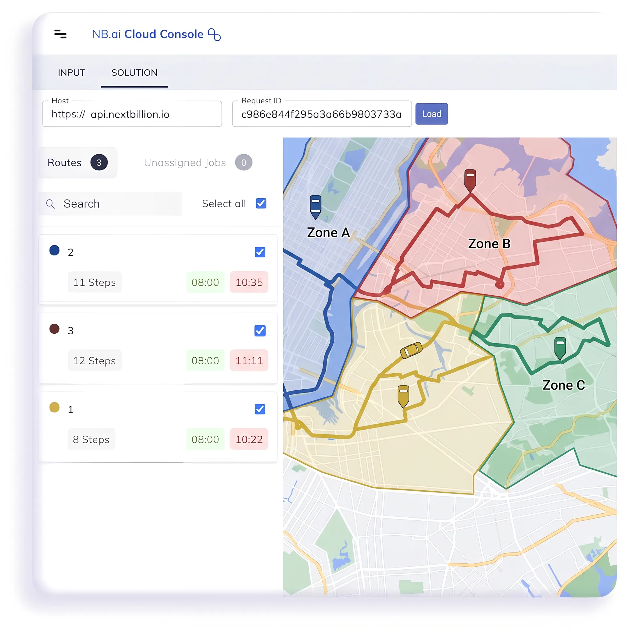 Fleet operations team reviewing custom delivery routes and vehicle locations on a logistics map