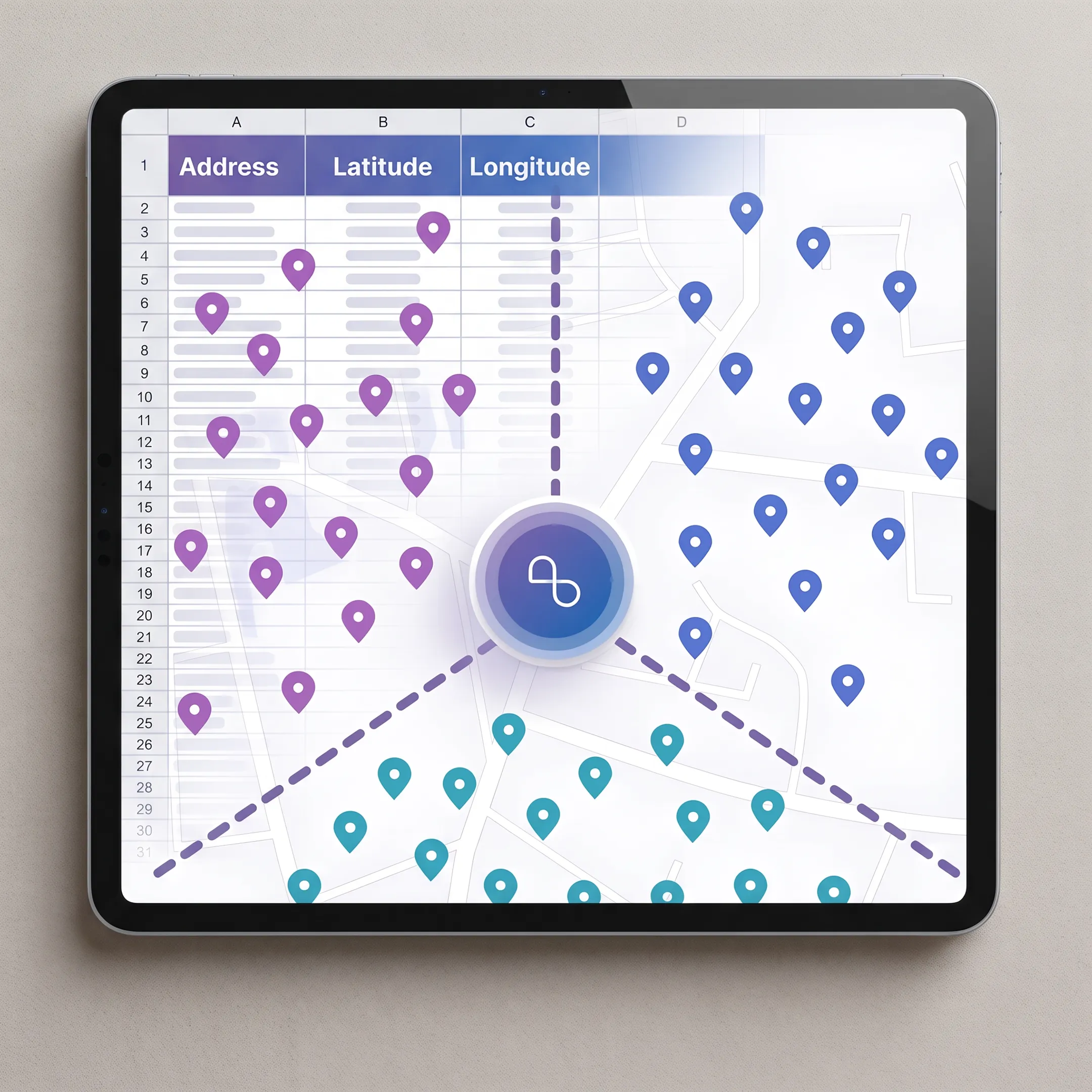 Bulk geocoded addresses displayed as location points on a digital map