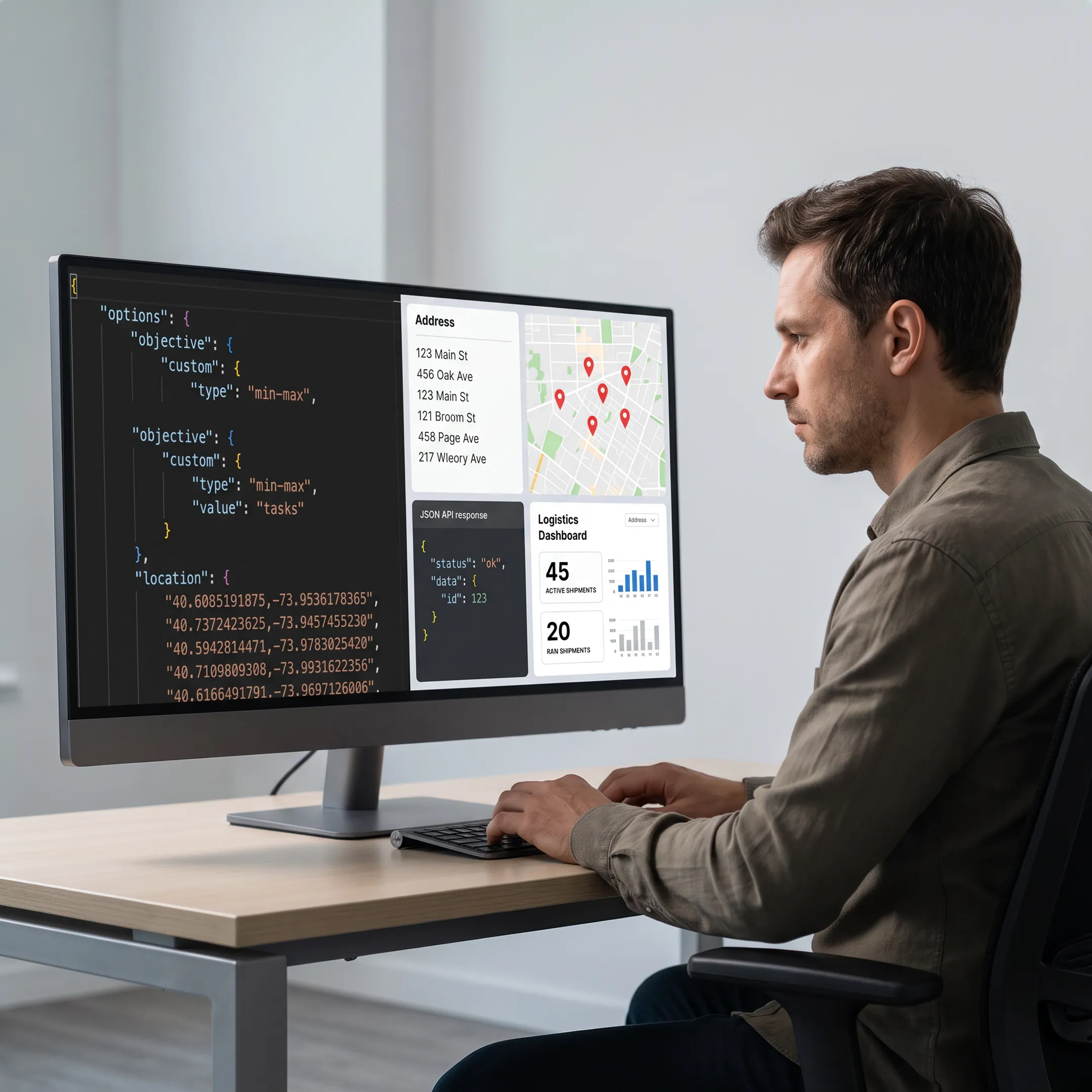 Developer reviewing bulk address geocoding results on a mapping dashboard