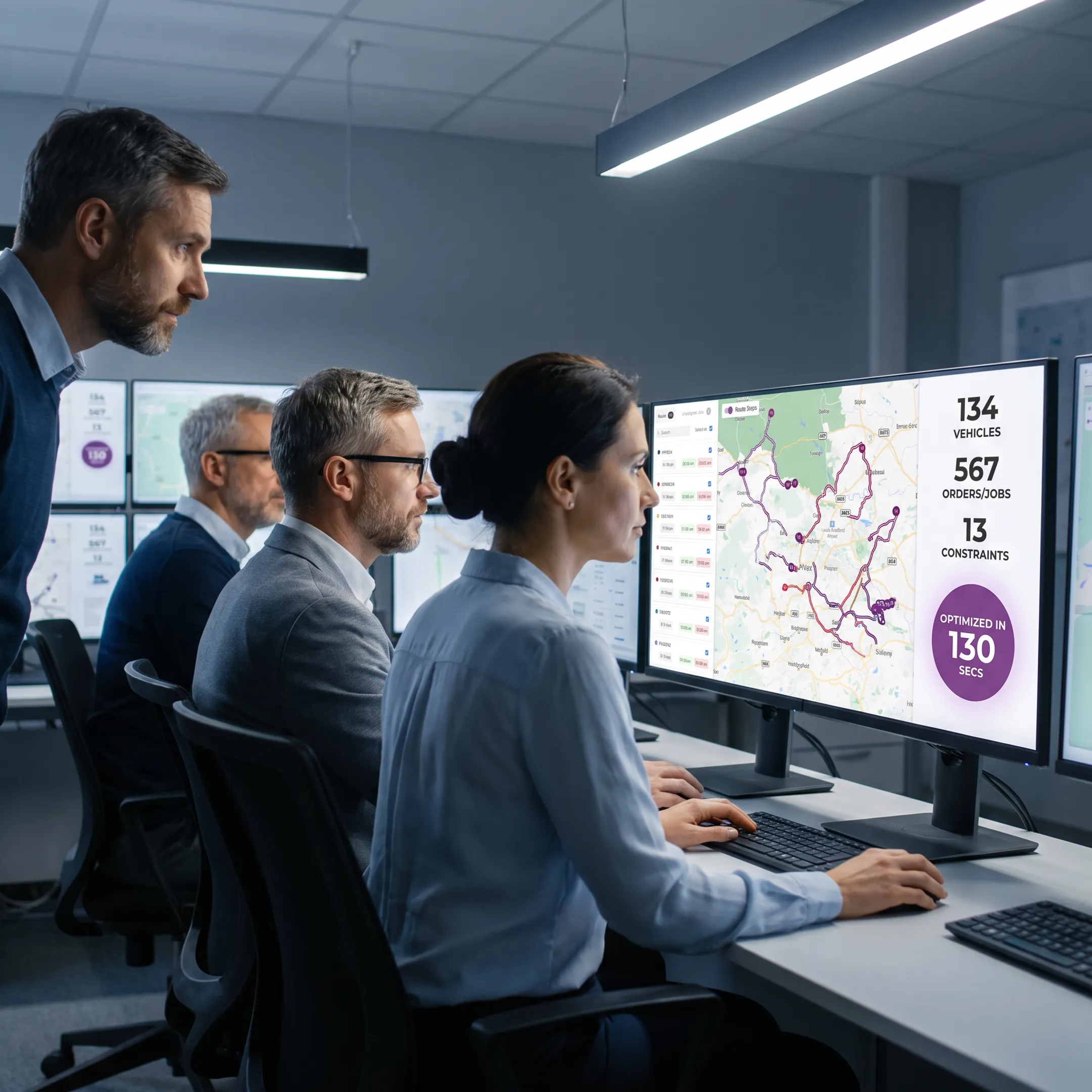 Logistics team reviewing optimized delivery routes on a digital fleet operations dashboard