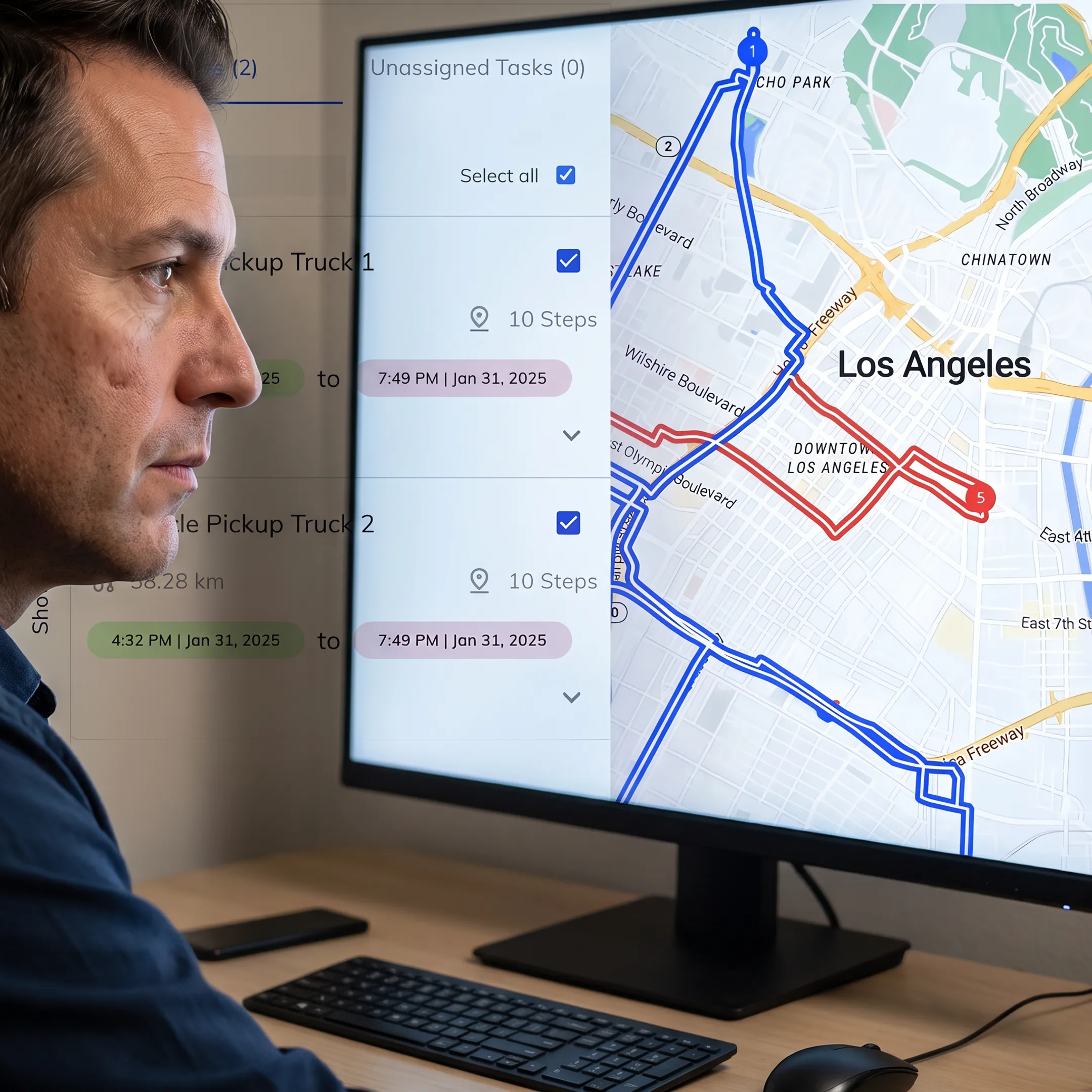 Dispatcher monitoring optimized logistics routes and vehicle activity on a large digital map