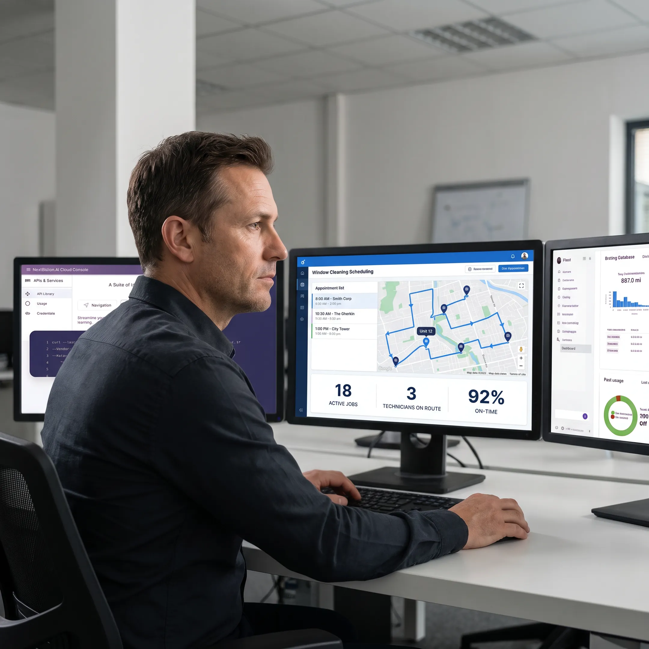 Window cleaning crew planning service appointments and routes on a scheduling dashboard