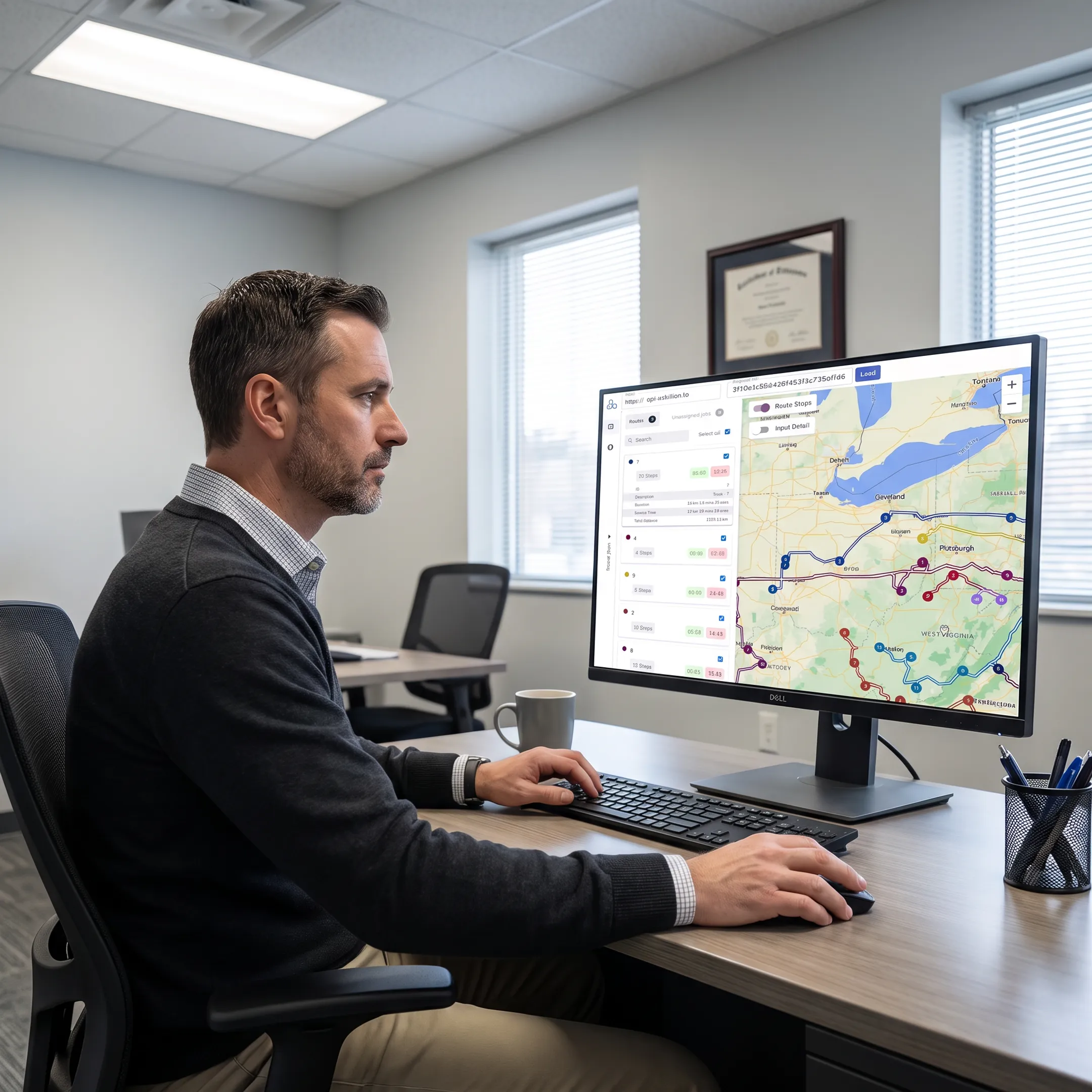 Dispatcher reviewing dump truck routes on a digital map