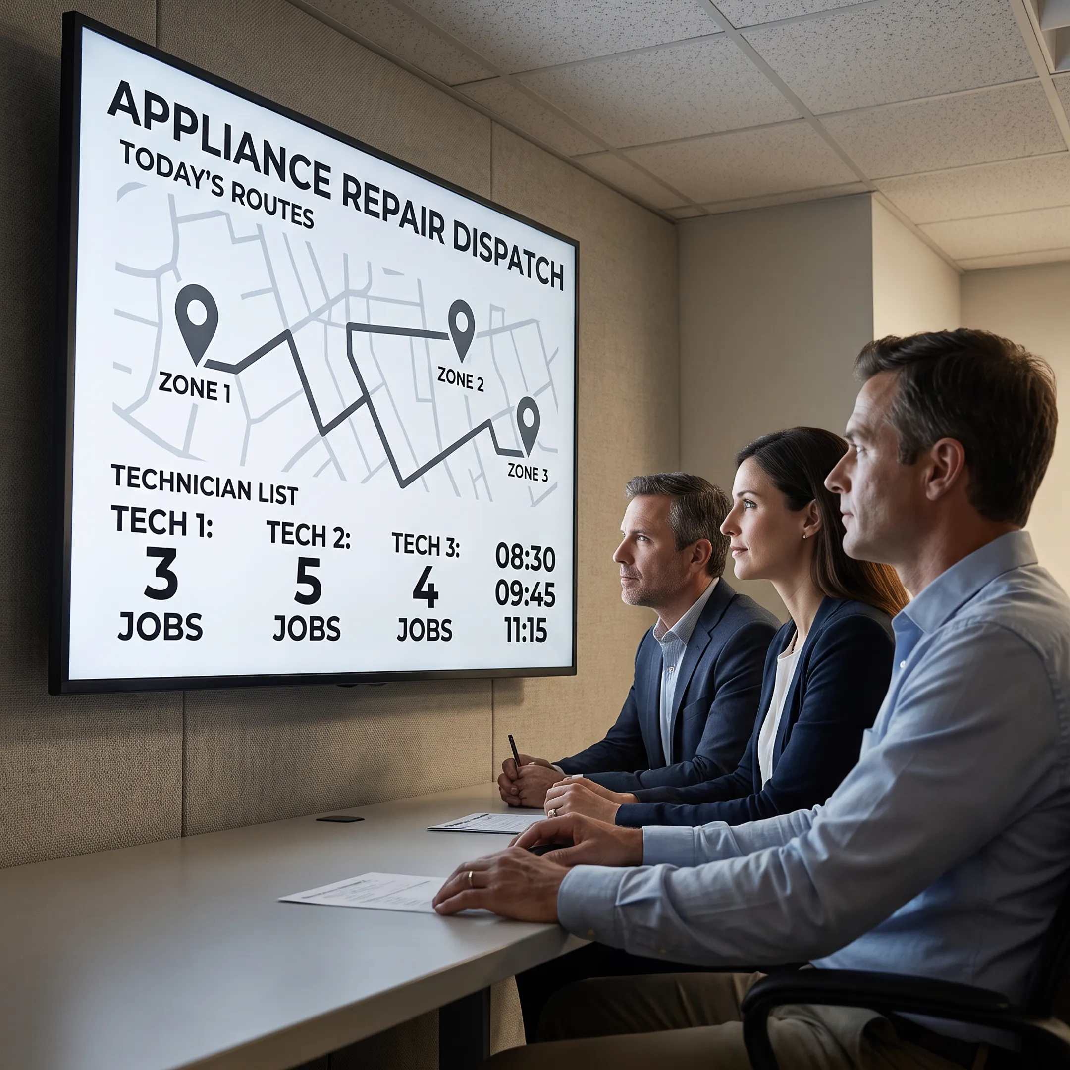 Appliance repair dispatcher assigning technician appointments on a route map