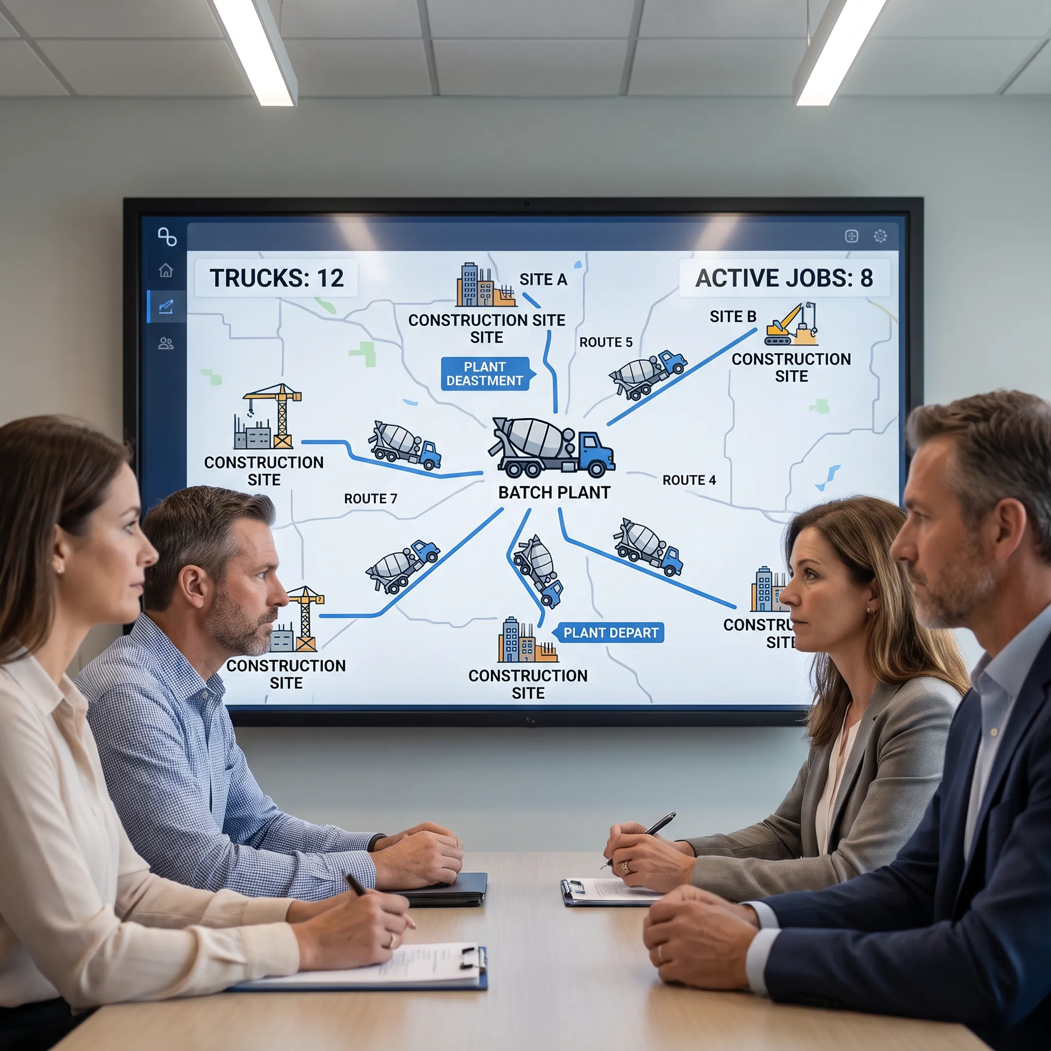 Ready-mix concrete trucks coordinated through a digital dispatch and route planning dashboard