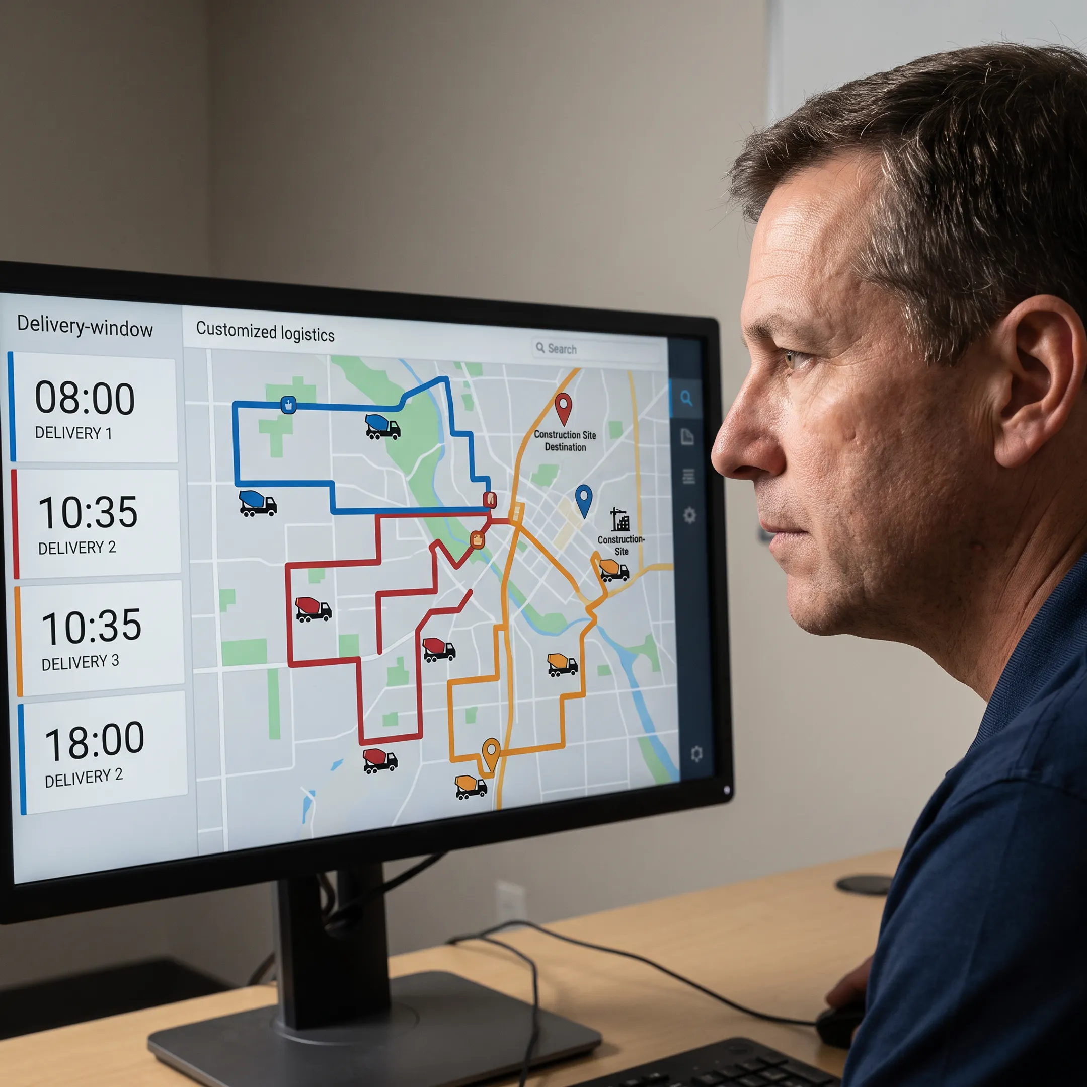 Dispatcher reviewing optimized ready-mix concrete delivery routes and truck locations