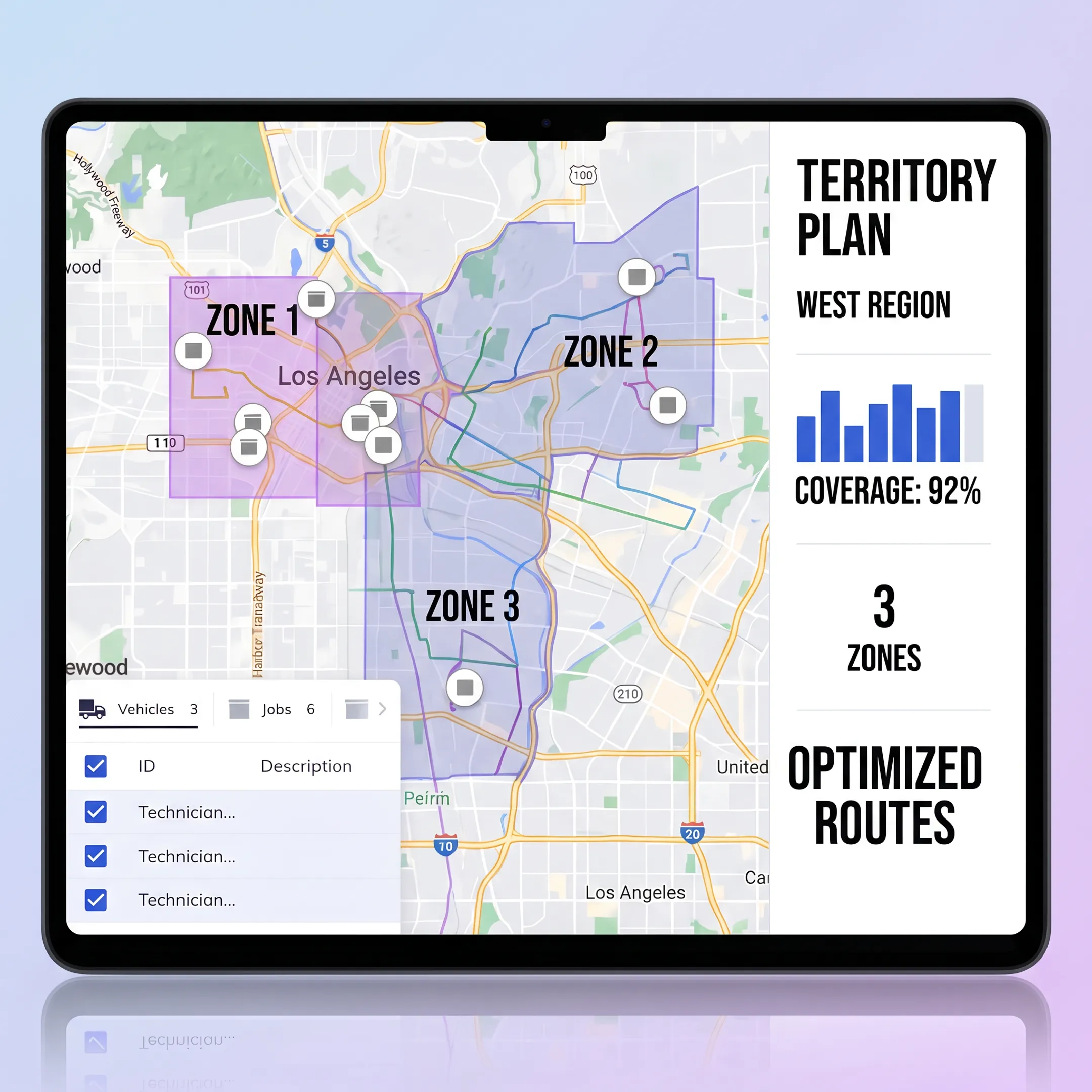 Franchise territory mapping dashboard showing service areas and optimized boundaries