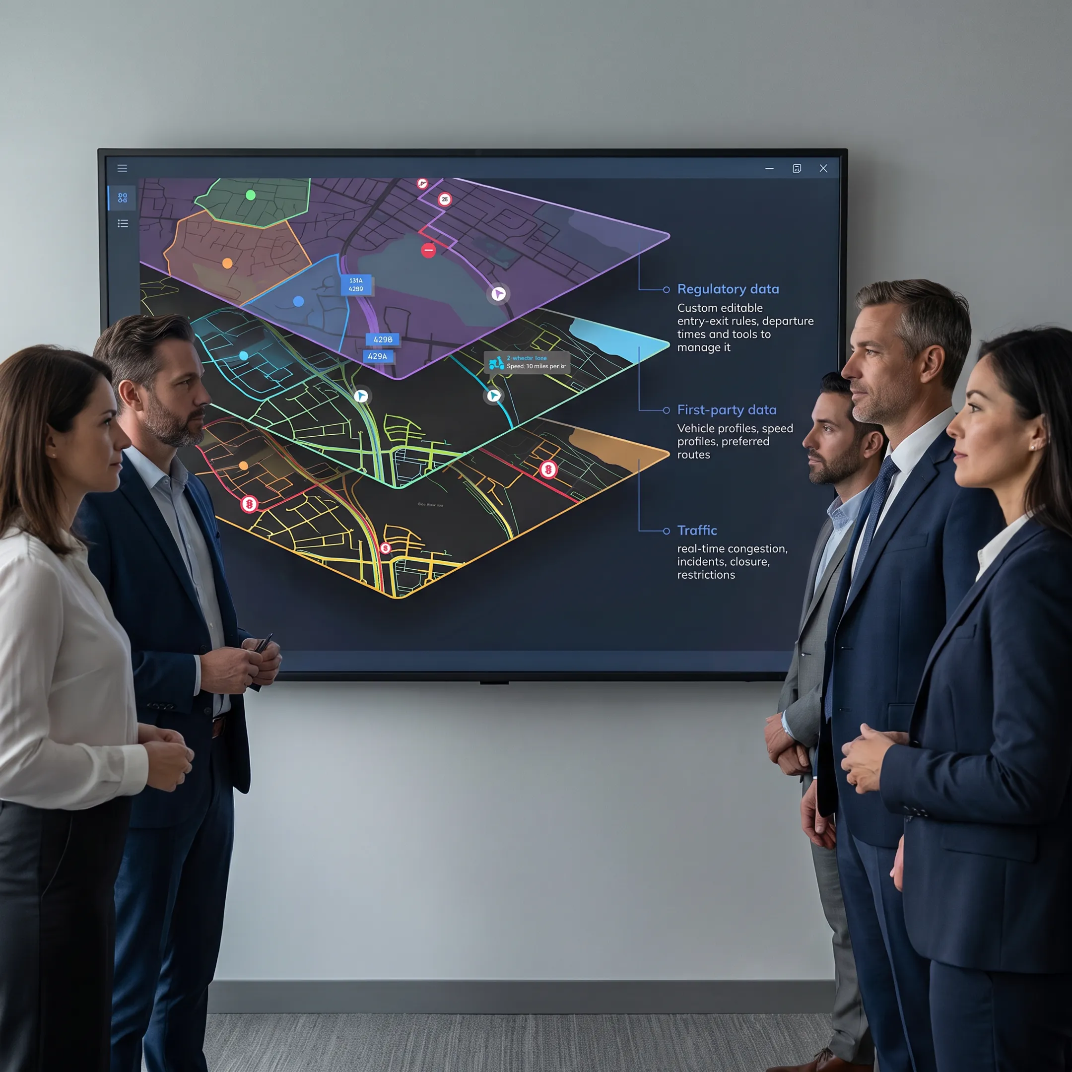 Business team reviewing franchise territory boundaries on a digital map