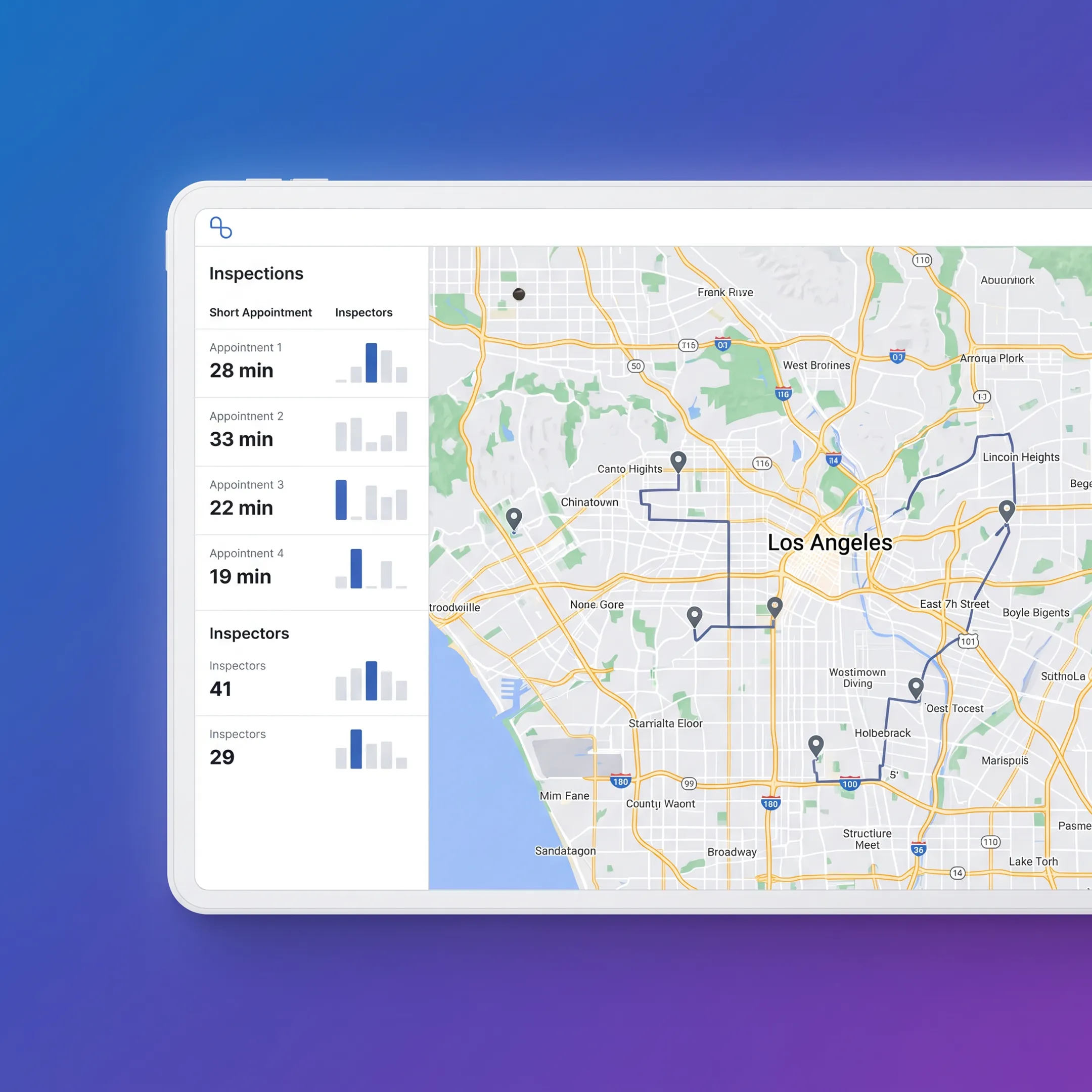 Home inspection scheduling dashboard with mapped inspector routes