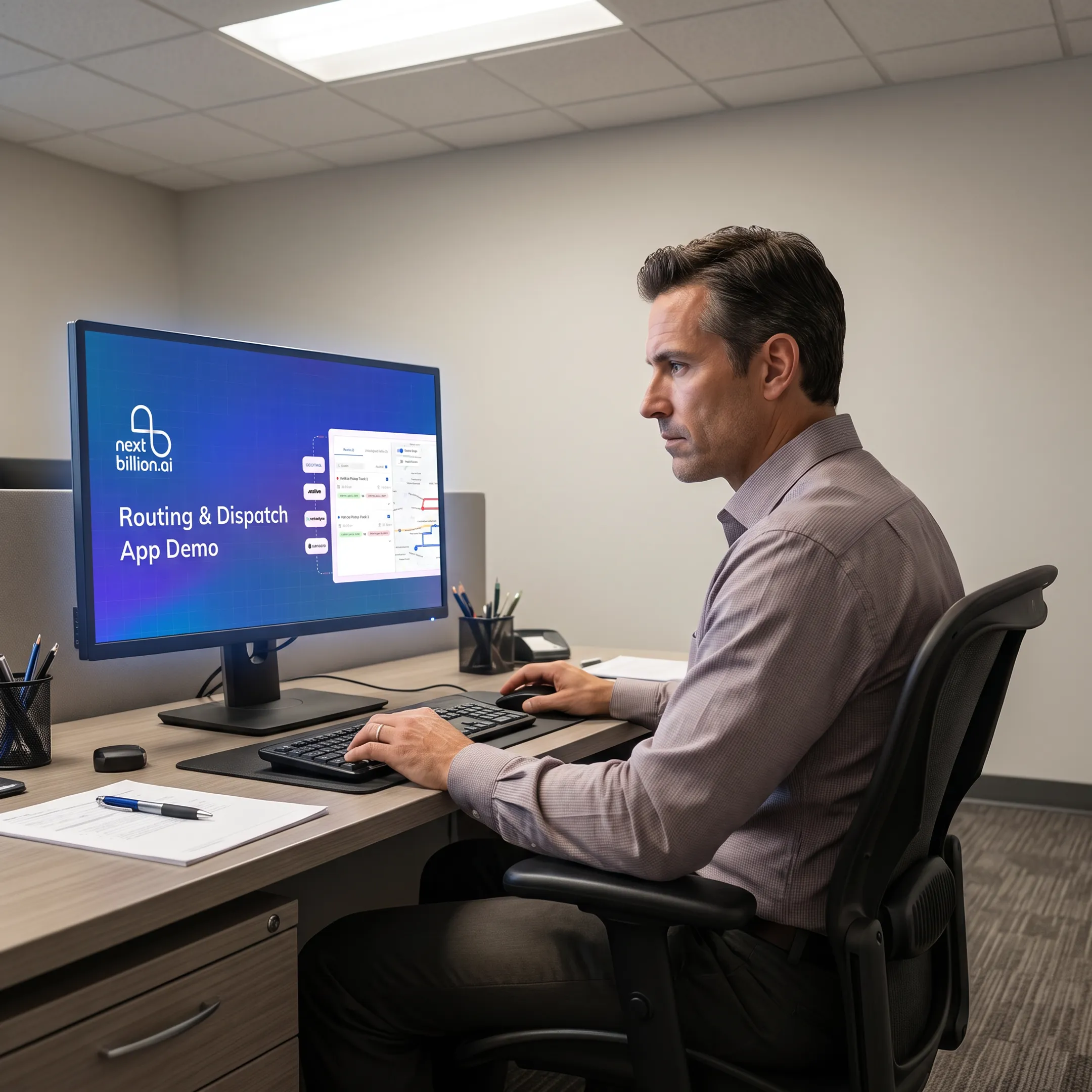 Dispatcher coordinating transportation schedules and optimized routes on a large operations screen