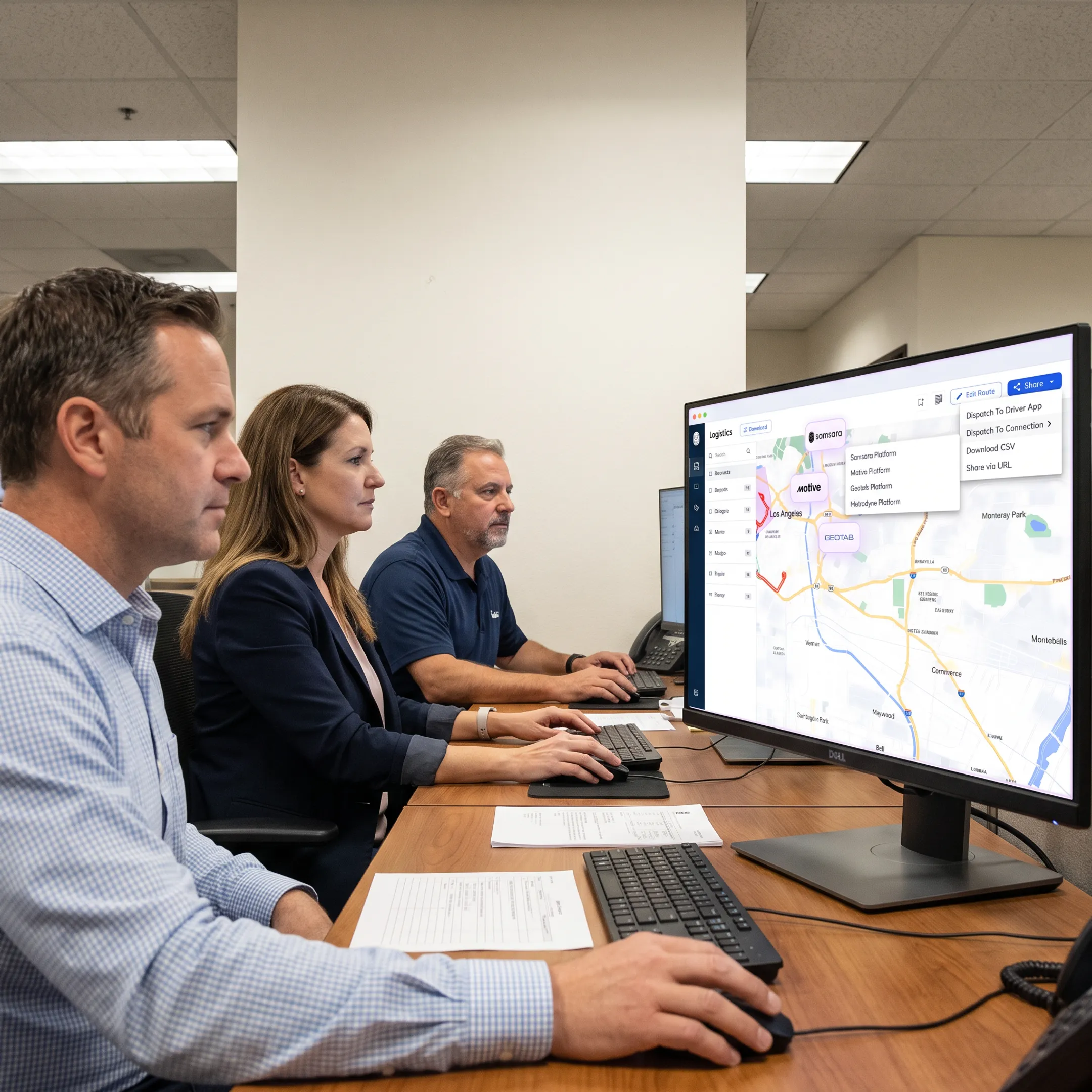 Moving operations team monitoring optimized crew routes and vehicle activity on a dashboard