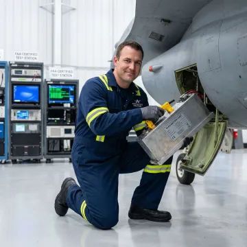 Military aircraft battery pack installation in aerospace facility