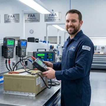 Aviation battery testing equipment analyzing aircraft power system in FAA-approved facility