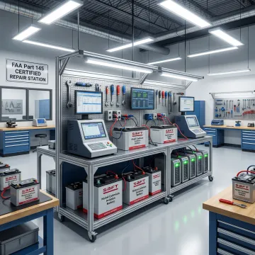 FAA-approved aviation battery testing equipment in modern repair facility