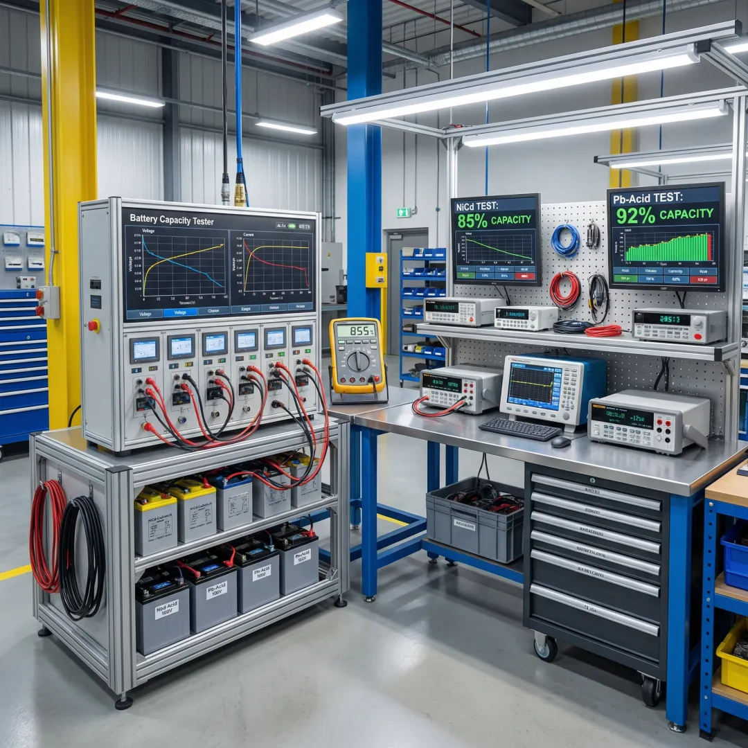 Aircraft battery capacity testing equipment in FAA-approved facility